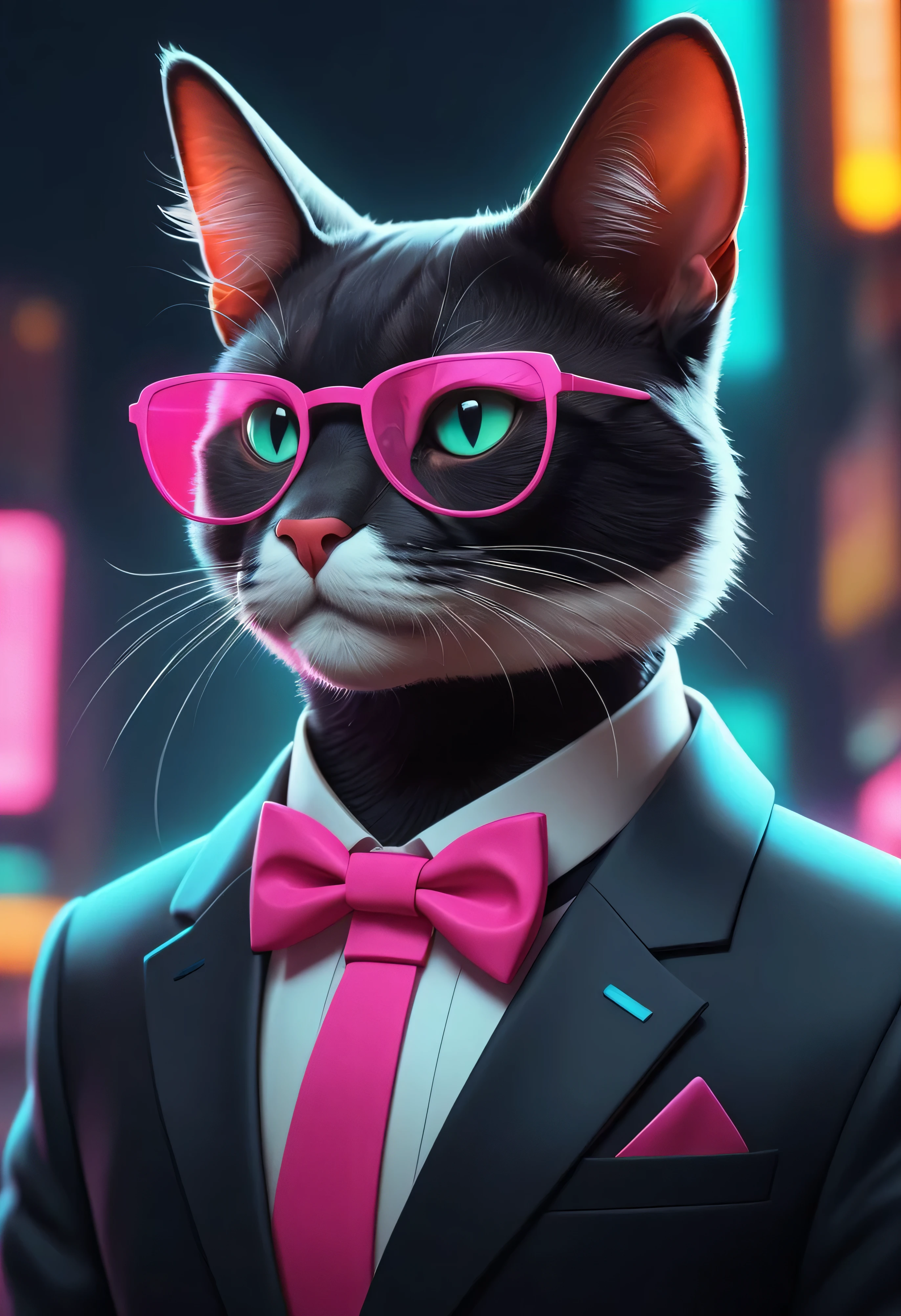 There is a tuxedo cat wearing a suit and glasses with a bow tie, gato cyberpunk, Gatos Neon bonitos, olhando heckin legal e elegante, Gato. pintura digital, arte digital peluda, estilo de arte synthwave, estilo de arte synthwave ]!!, anthropomorphic cat, Fursona usando roupas estilosas, style hybrid mix of beeple, estilo retrowave