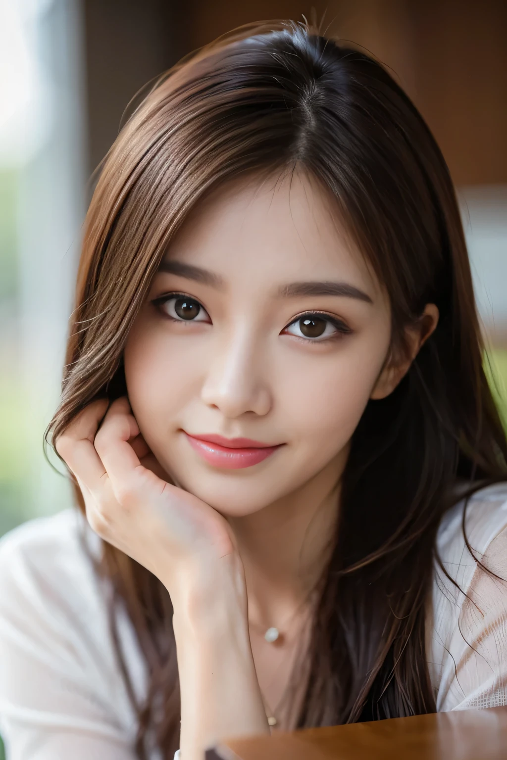 on the table, highest quality, realistic, Super detailed, down to the last detail, High resolution, 4k wallpaper, 1 beautiful woman,, light brown messy hair, wore a suit, fix sharp focus, perfect dynamic composition, beautiful and delicate eyes, delicate hair, 细致realistic的皮肤纹理, smile, close-up portrait, model body shape