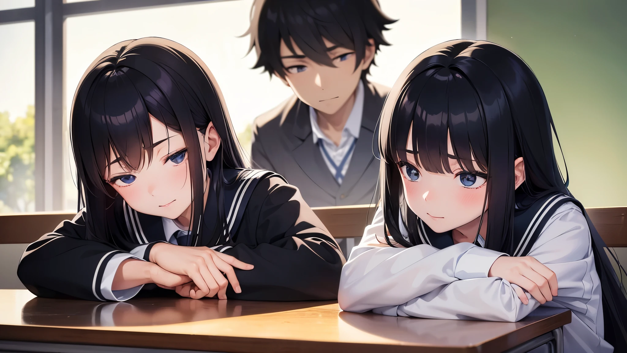 (a junior school student), (male), a boy open his eyes as possible ,(watching at a sleeping girl with black long hair), wearing uniform, at lunch break, in the classroom,(anime style), reflection light, ray tracing, depth of field, (cowboy shot), cinematic lighting, masterpiece, best quality, high details, highres, HD, 1080P