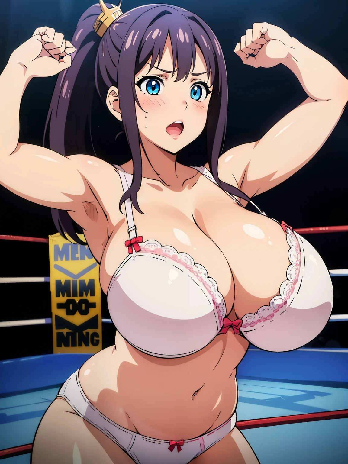 (1girl:1.6), Anime cel drawing style, Best Quality, High resolution, (gigantic breasts:1.6), (bra, string white panties:1.4), Blue eyes, Purple hair, Bangs, Side Ponytail, Hair Ornament, blush, embarrassed, reluctant, looking at viewer, (cowboy shot:1.6), (professional wrestling ring:1.5), (fighting stance:1.3), (perfect hands),
