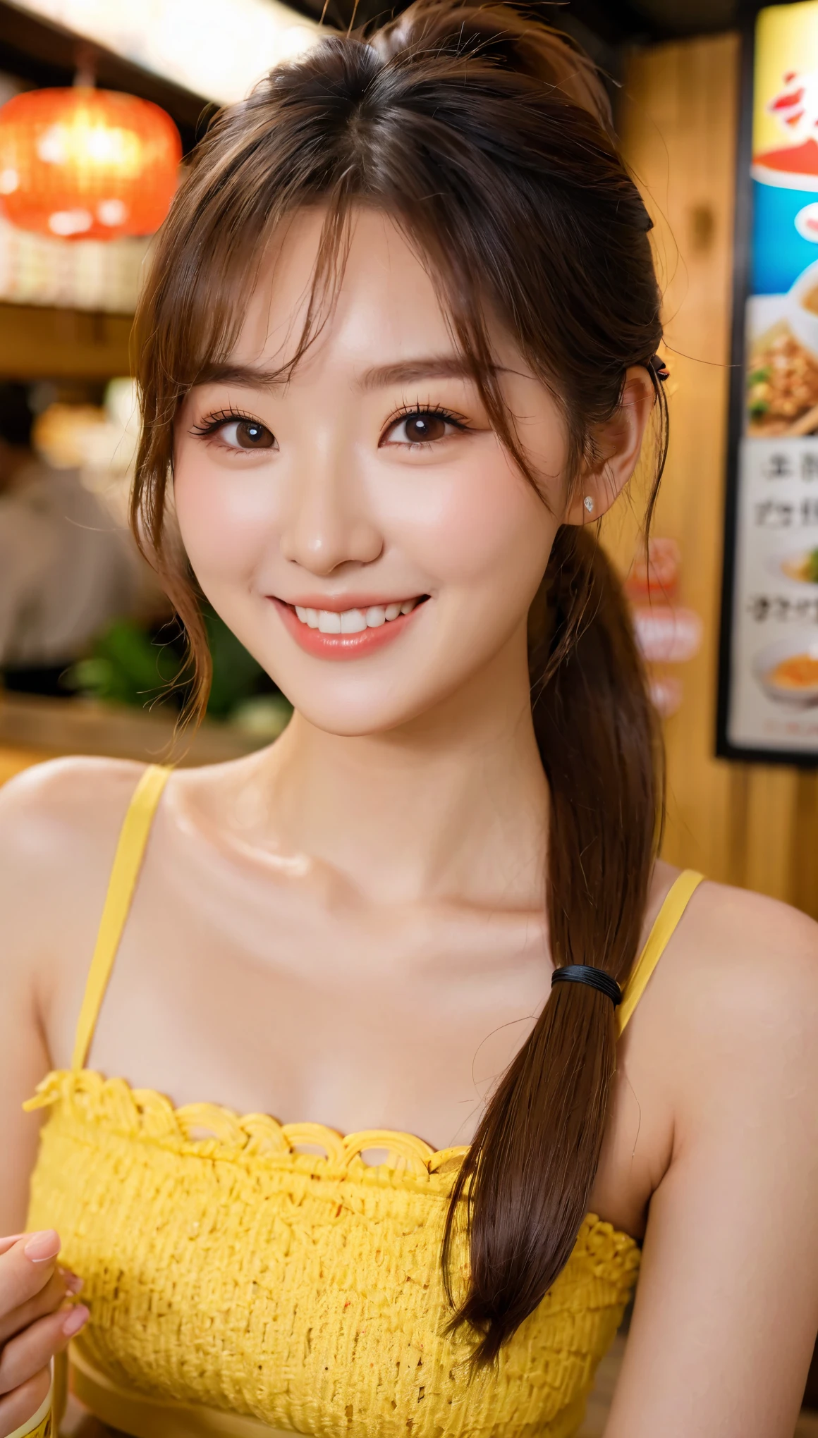 UHD, close-up of cute Korean female,Chest size 32 inches, ponytail, smile, Wearing crop top, at the ramen shop 