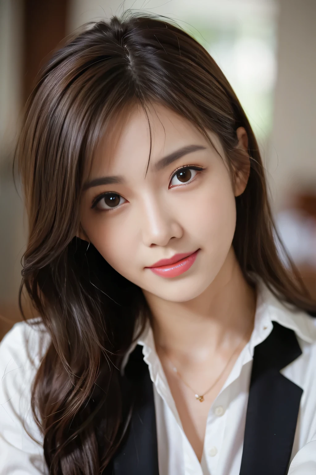on the table, highest quality, realistic, Super detailed, down to the last detail, High resolution, 4k wallpaper, 1 beautiful woman,, light brown messy hair, wore a suit, fix sharp focus, perfect dynamic composition, beautiful and delicate eyes, delicate hair, 细致realistic的皮肤纹理, smile, close-up portrait, model body shape