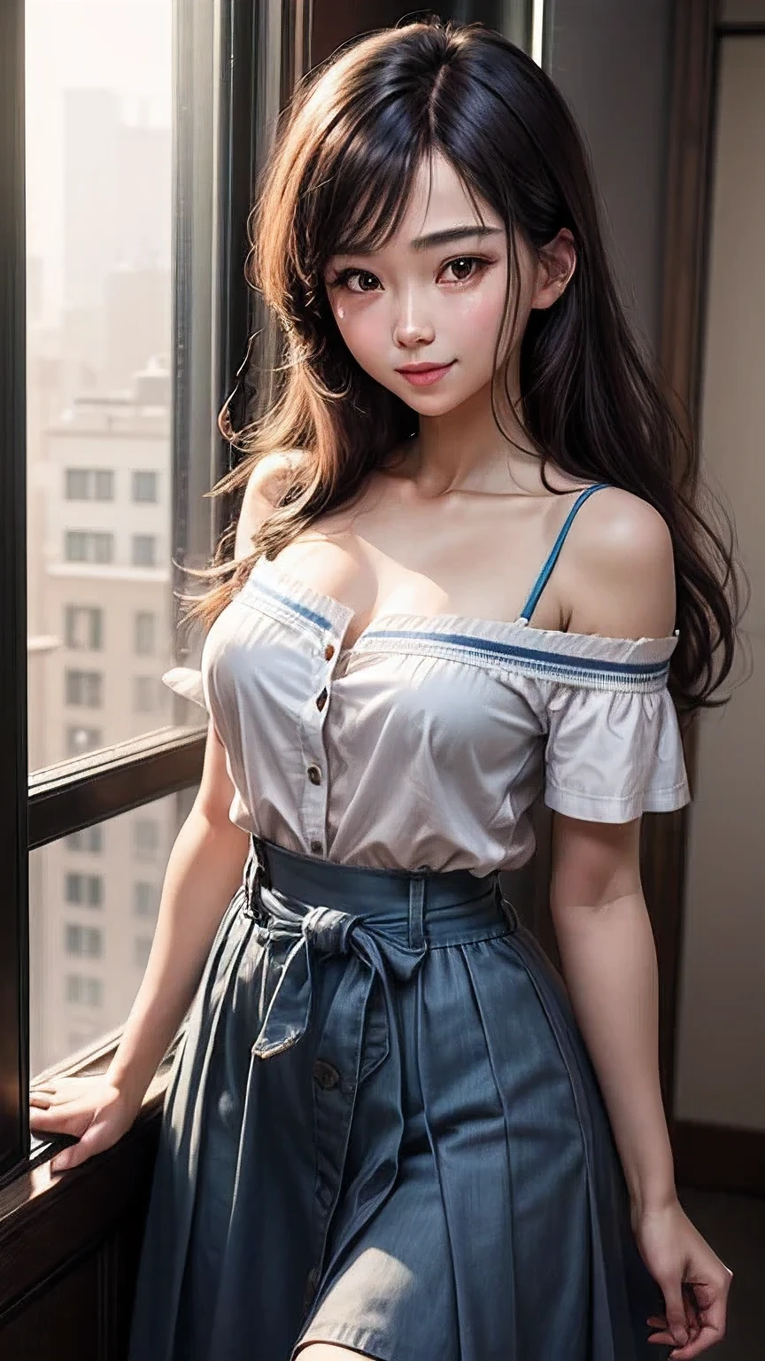 official art, unity 8k wallpaper, ultra detailed, beautiful and aesthetic, masterpiece, best quality, a beautiful Korean girl with delicate appearance, wearing a blue and white sailor student skirt, shoulders, waist, beautiful collarbone and upper circumference curve, smile, squirting, clear and bright, super high quality, exquisite details, delicate and clear facial features and a clear body