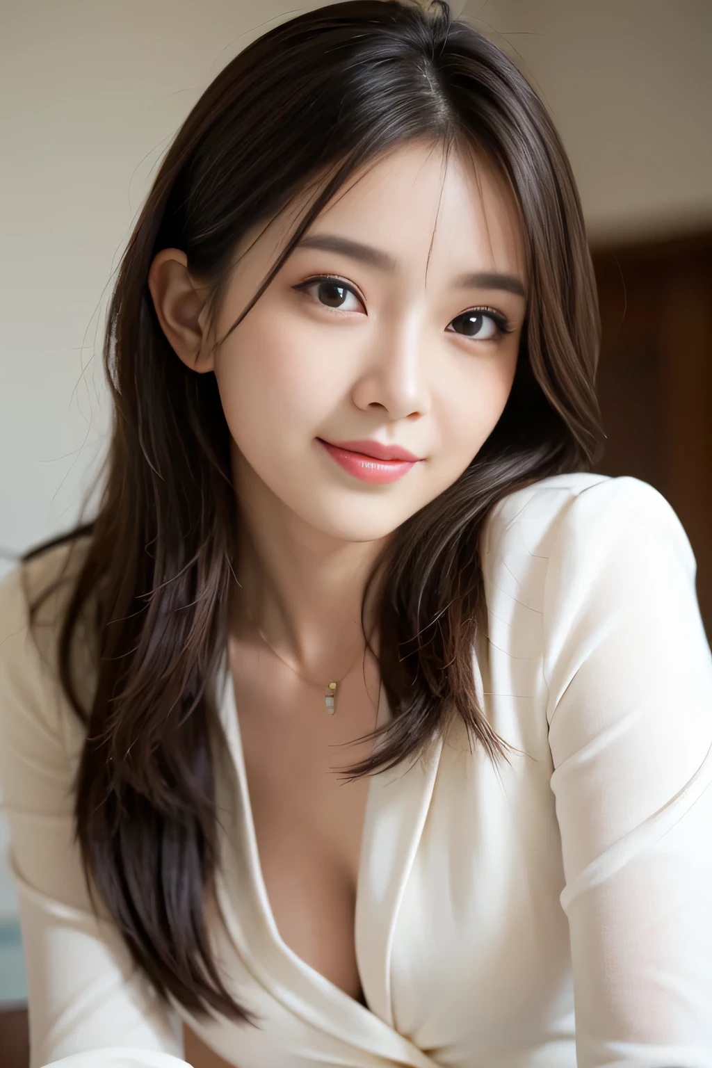 on the table, highest quality, realistic, Super detailed, down to the last detail, High resolution, 4k wallpaper, 1 beautiful woman,, light brown messy hair, wore a suit, fix sharp focus, perfect dynamic composition, beautiful and delicate eyes, delicate hair, 细致realistic的皮肤纹理, smile, close-up portrait, model body shape