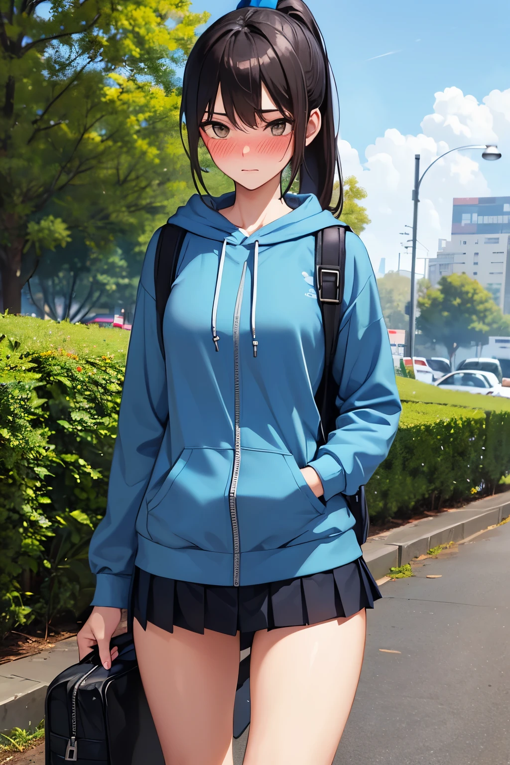 ((best quality)), ((masterpiece)), (detailed), (((perfect face))), (((slender 18yo teenage girl looking away))), (((wearing light blue hoodie zipped))), (((skinny thighs))), (((skinny hips))), (((dark blue pleated skirt))), ((brunette)), (((ponytail))), ((shy:1.3)), ((blushing:1.5)), ((walking)), (((suburban front yard))), ((wearing sneakers)), ((wearing backpack))