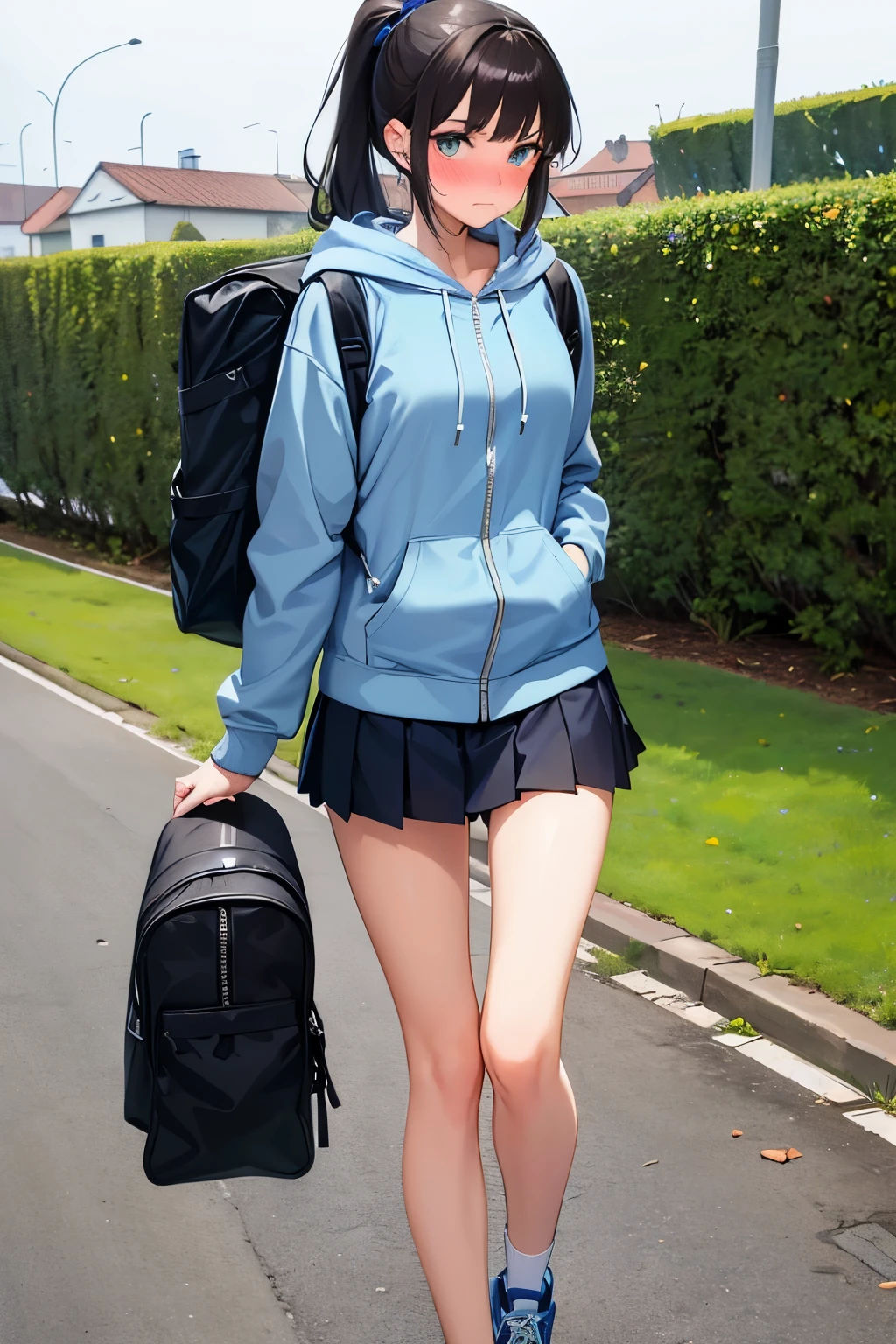 ((best quality)), ((masterpiece)), (detailed), (((perfect face))), (((slender 18yo teenage girl looking away))), (((wearing light blue hoodie zipped))), (((skinny thighs))), (((skinny hips))), (((dark blue pleated skirt))), ((brunette)), (((ponytail))), ((shy:1.3)), ((blushing:1.5)), ((walking)), (((suburban front yard))), ((wearing sneakers)), ((wearing backpack))
