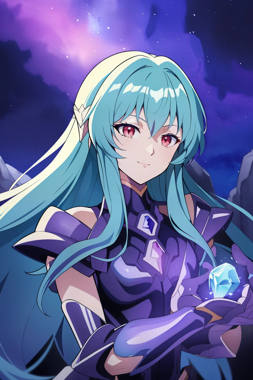 (high-quality, breathtaking),(expressive eyes, perfect face), 1girl, female, solo, armor, dark onyx purple armor, saint seiya armor, spectre armor, fantasy armor, light cyan blue hair, long hair, red eyes, ( watercolor \(medium\), night sky background, ice, small smile