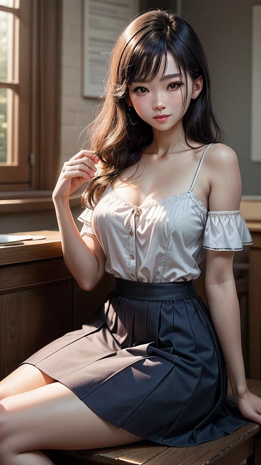 official art, unity 8k wallpaper, ultra detailed, beautiful and aesthetic, masterpiece, best quality, a beautiful Korean girl with delicate appearance, wearing a blue and white sailor student skirt, shoulders, waist, beautiful collarbone and upper circumference curve, smile, (cross legged), clear and bright, super high quality, exquisite details, delicate and clear facial features and a clear body