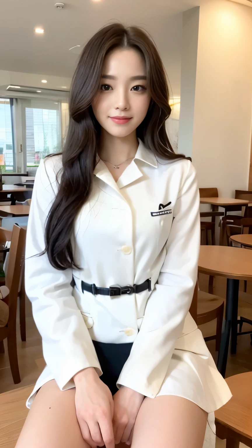 ((top-quality、8k、masterpiece:1.3))、Beautiful woman with perfect body:1.4、slim abdomen:1.2、Longhair, normal breast, Highly detailed facial and skin texture, A detailed eye, delicate eyes, double eyelid, (smile), (full body shot), ((cafe 1.2)), (sitting on chair), ((wearing white uniform with white coat)), looking in front