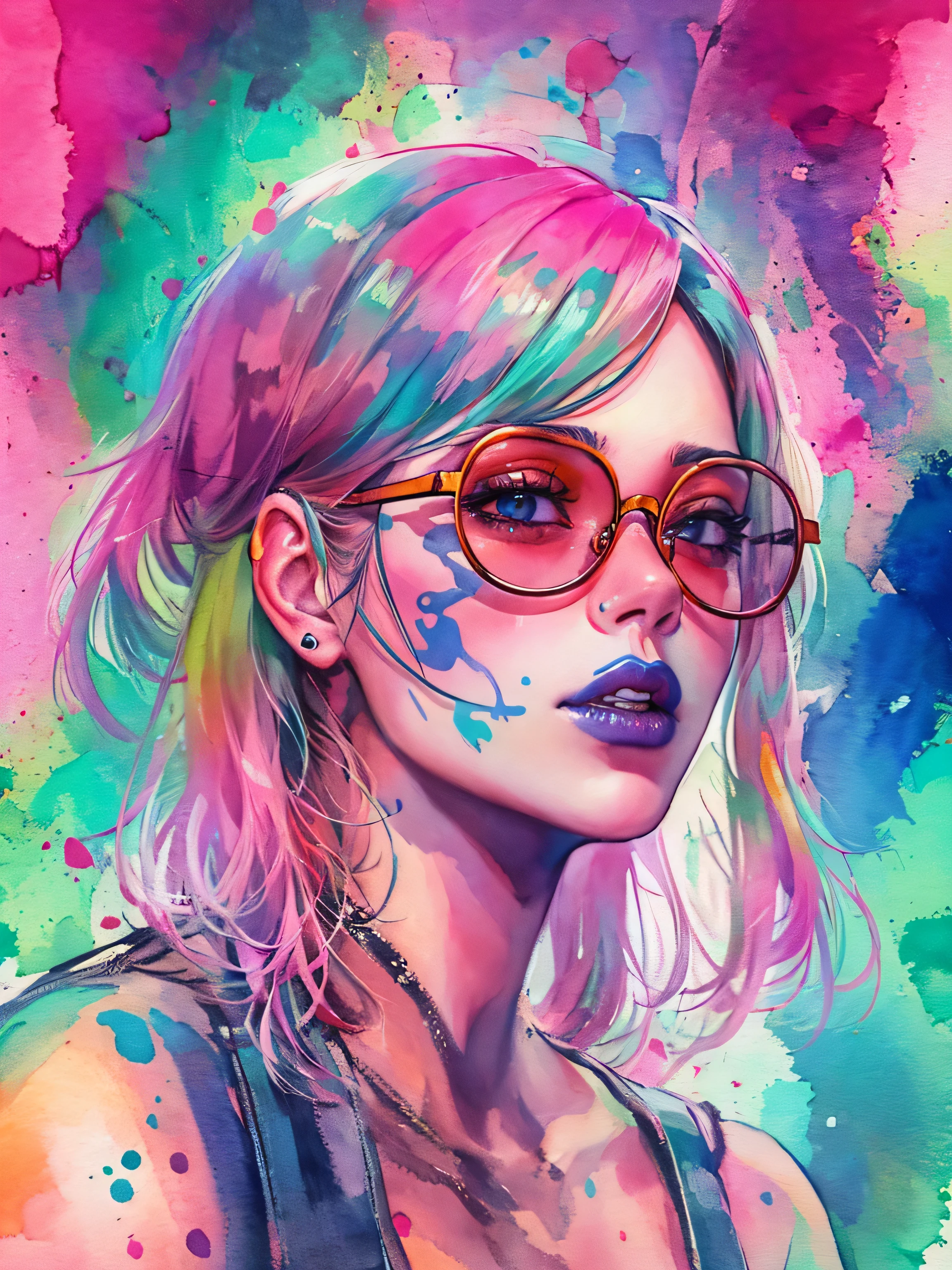 watercolor painting, 8K resolution、((highest quality))、((masterpiece))、((Super detailed))、1 female、alone、((incredibly absurd))、 (((most beautiful girl ever))), (((stylish glasses))), lips in love, skull fashion、neon、small breasts, (((skull doodle art))), colorful hair, provocative