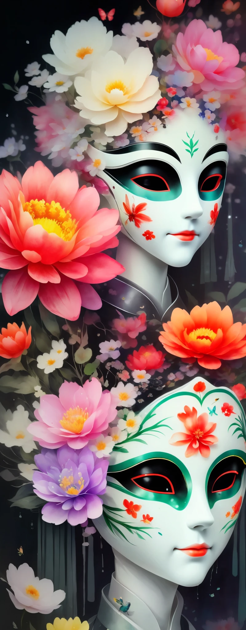 watercolor painting：1.37，wet，flowing water marks。1 puppet，Mechanical doll，empty eyes，mask among flowers，White mask surrounded by flowers，3D mask，Cut-out mask，Glowing insects，black，red，green，light and shadow，Actual situation，perfect composition，