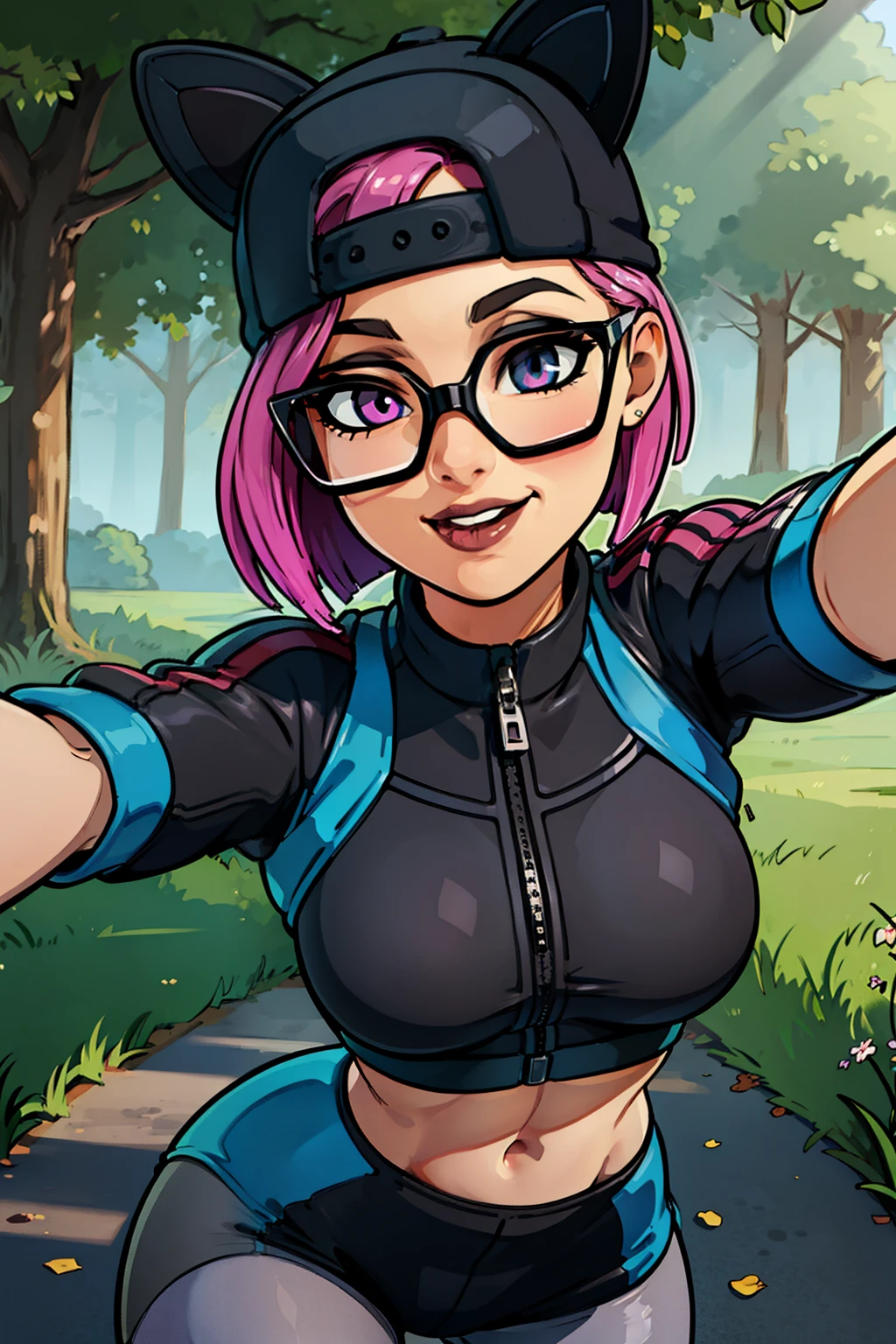 1 girl, (masterpiece), (best quality), standing, (solo), looking at viewer, high detailed,extremely detailed, fine eyes, smile,dynamic pose, short pink hair,cap,crop top, jacket,fingerless glove,curvy,forest,glasses,(gray leggings),(portrait:1.2),