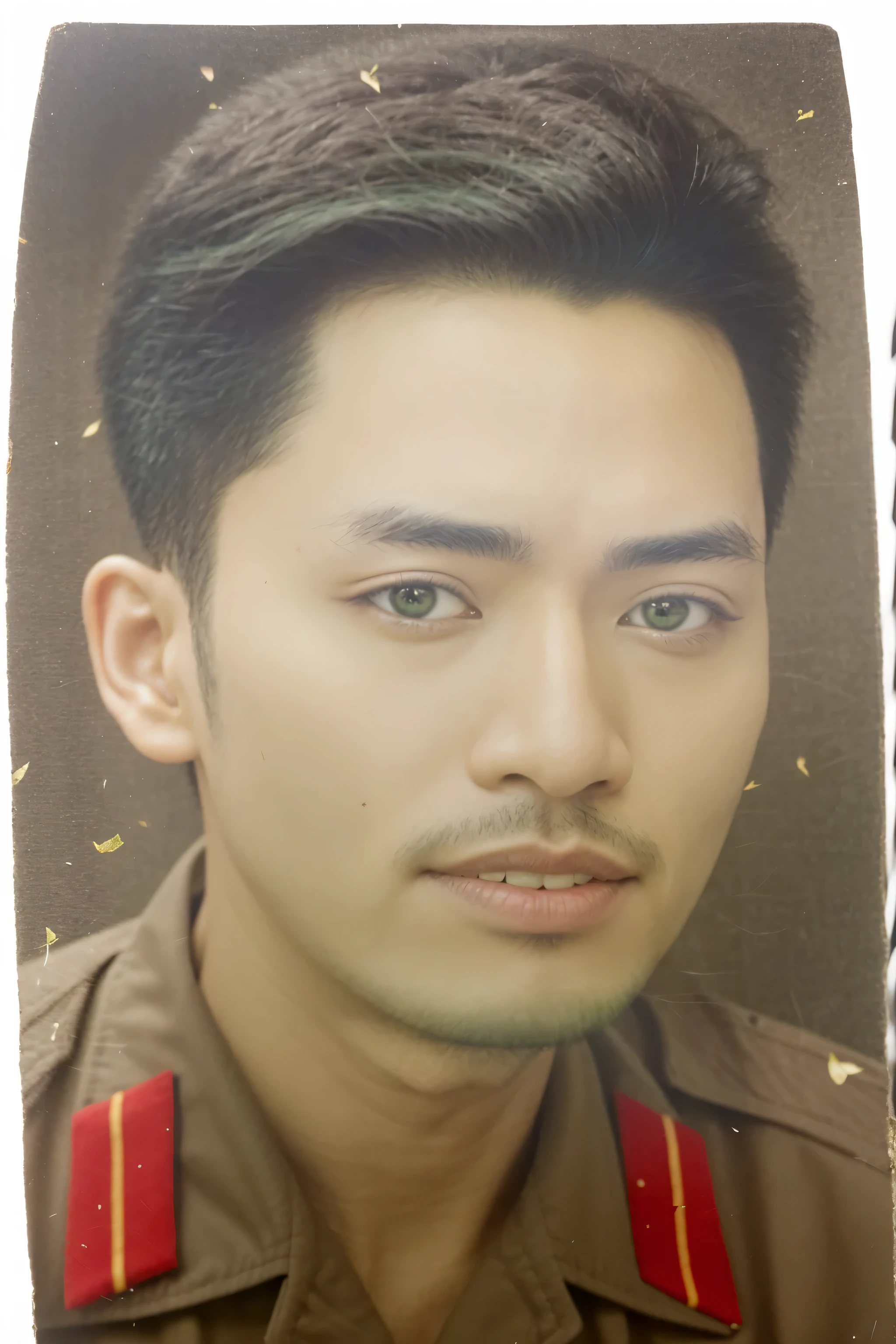 Photo RAW d'un homme de 30 ans, Cheveux noirs, portant l'uniforme militaire vietnamien vert, Vrai visage, fond de feuille verte, (Photorealistic:1.4), (peau douce avec beaucoup de détails:1.2 ), 8k UHD, digital SLR, Soft light, High quality, grain de film, Fujifilm XT