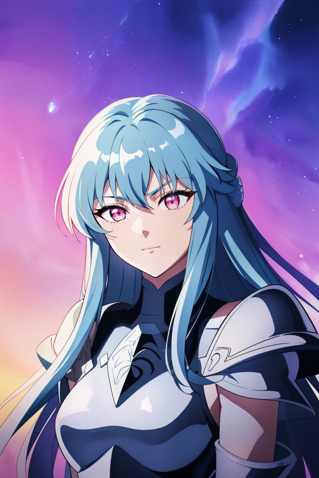 (high-quality, breathtaking),(expressive eyes, perfect face), 1girl, female, solo, half body, armor, dark onyx purple armor, saint seiya armor, spectre armor, fantasy armor, light cyan blue hair, long hair, red eyes, ( watercolor \(medium\), night sky background, ice, small smile, zoom out
