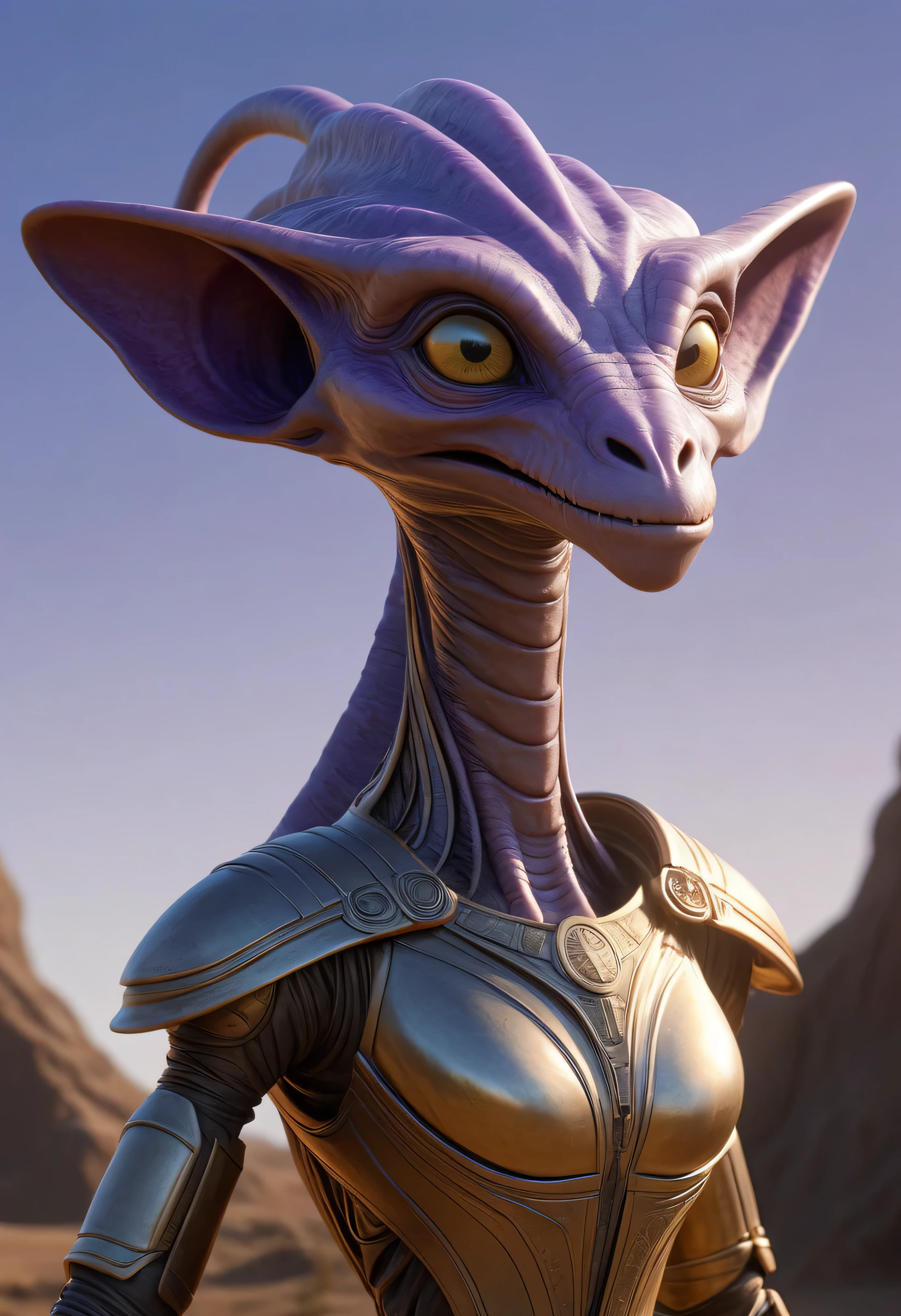 A Furling from Stargate SG-1, imaginary alien species, highly advanced race, 8k super quality, golden hour lighting., purple-ish, neutral extression.