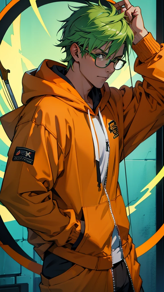 green hair, bespectacled, male, one person, Orange Hoodie, orange jacket, fantasy, bow, archery, anime, UHD, 8k