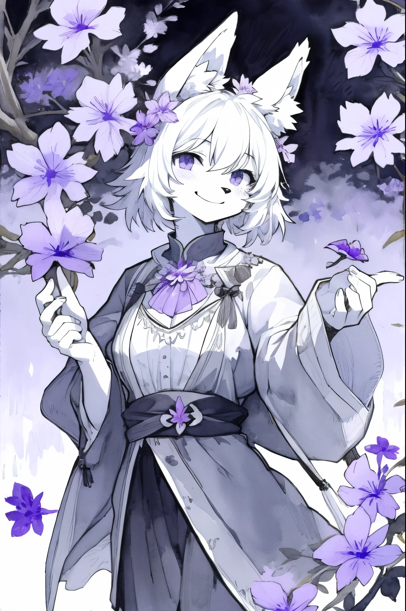 monochrome, watercolor, highres, top quality, best quality, paid reward available, High-quality illustrations, unparalleled masterpiece, perfect artwork, absurdres, 1girl, kemono, furry, detailed body fur, animal face, animal hand, Archaic Smile, holding a cluster of violet flower in both hands, which are positioned at chest level, She is wearing a simple ring on the ring finger of her left hand, unfocused spread of violet flower, fan-created work shared on platforms Pixiv or Twitter,