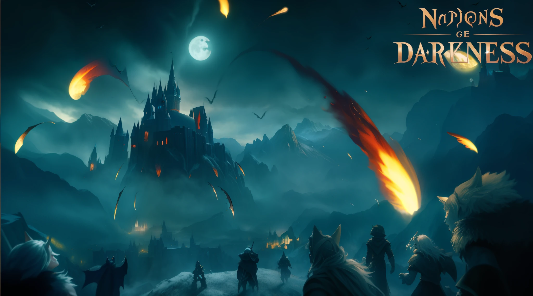 ultra high definition,4k with many people(werewolf、vampire tribe、mage、hunter),Opposite the back(Across the war-torn plains from the crowd(On the plain is the army rushing towards the castle))a castle(dark、The window shines with red light)project ammunition outward,surrounded by mountains,The moon is dark and the wind is high,Moderately saturated shot of bats flying in the dark sky,Poster magic battlefield background, Fantasy style matte painting, Game Art Matte Painting, 3D rendering and matte, Dota Matte Concept Art, Hogwarts 2 0 7 7, High fantasy matte painting, Fantasy Epic Digital Art, Epic fantasy digital art style,dark night war game