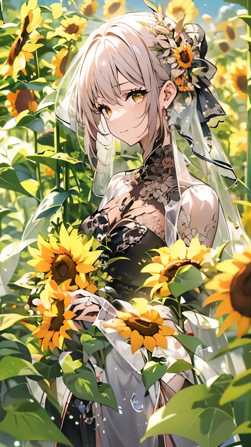 ((8K resolution))、((highest quality))、((masterpiece))、((Super detailed))((((dramatic))), (((Rough feeling))), (((intense)))、whole body、a handsome guy、woman、sunflower field、twilight、Wedding dress、tattoo、short hair、two block、white、yellow、green、green、flower々、flower火、Clear shadows、lively, front,rich colorful，have confidence，coil，scene，boldness，to attract attention，smart、tendency、i concentrate