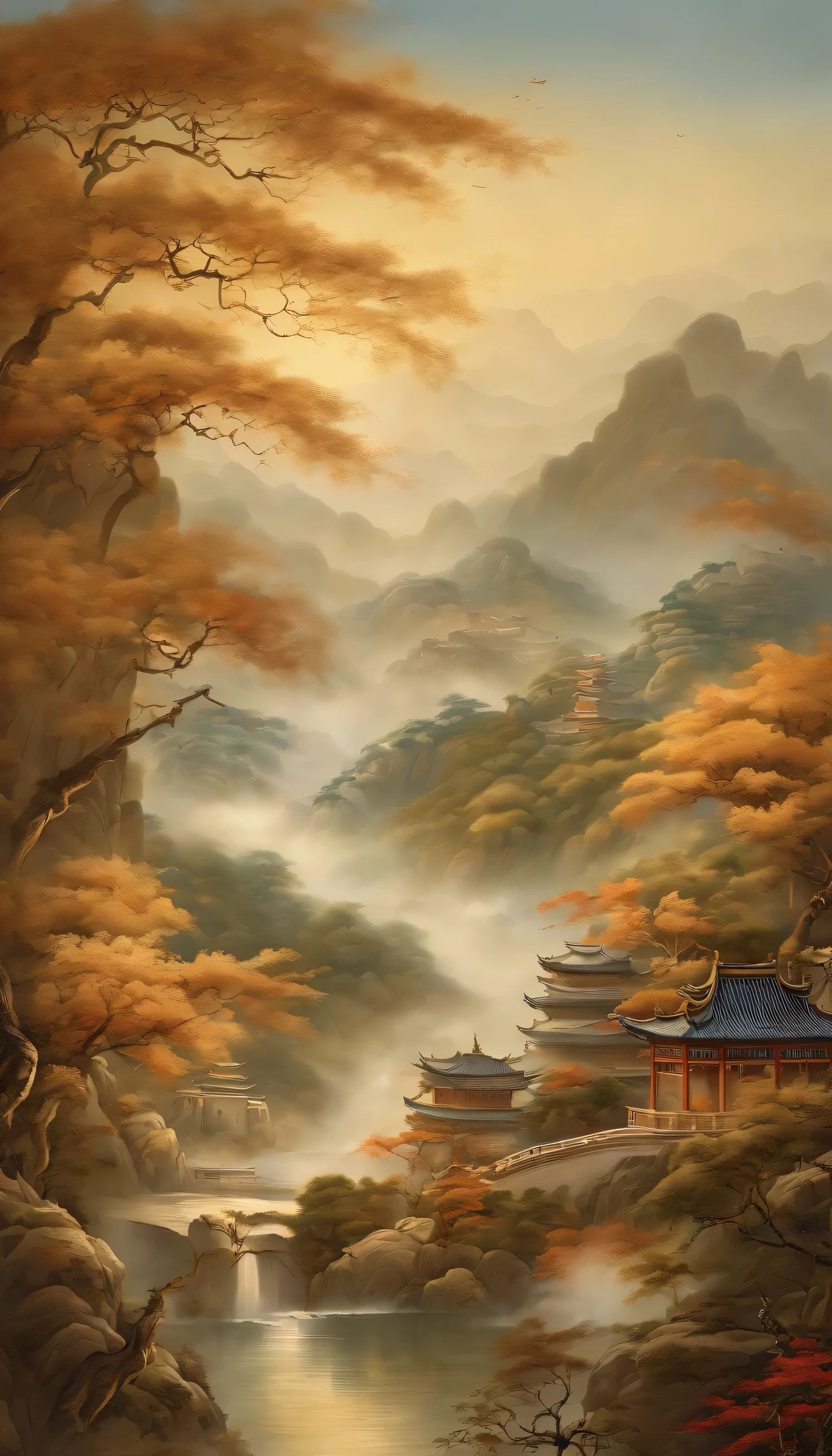 Idyllic Chinese murals, Light white style, layered landscape, japanese art, monumental mural, 理光FF-9D, golden age aesthetics, exotic