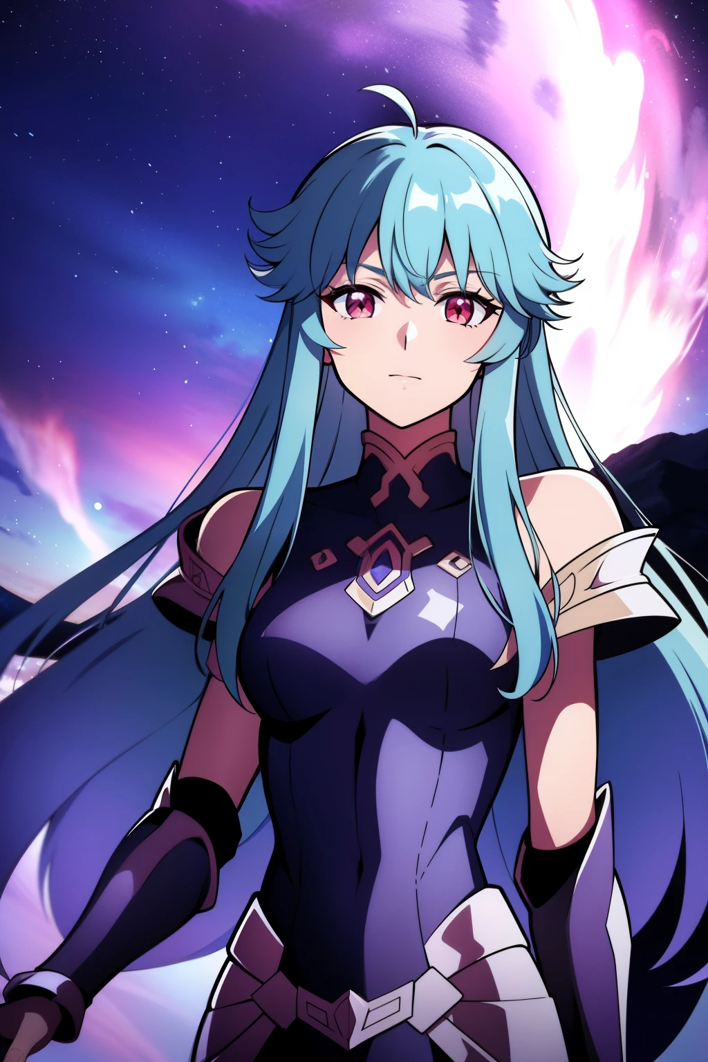 (high-quality, breathtaking),(expressive eyes, perfect face), 1girl, female, solo, half body, armor, dark onyx purple armor, saint seiya armor, spectre armor, fantasy armor, light cyan blue hair, long hair, red eyes, ( watercolor \(medium\), night sky background, ice, small smile, zoom out