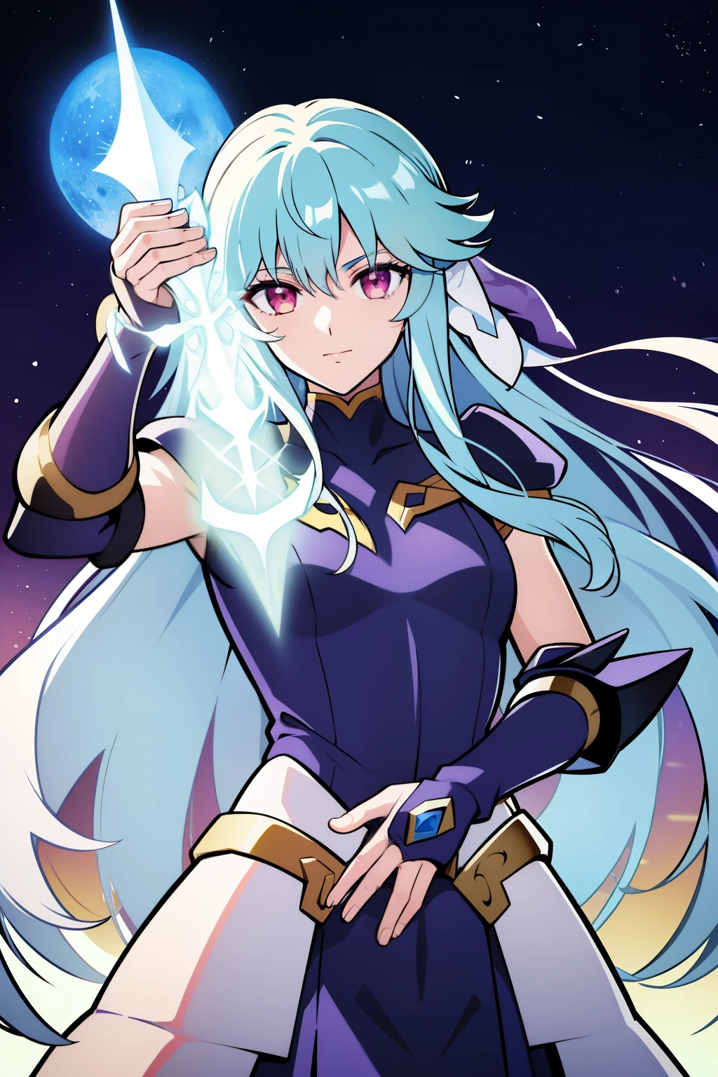 (high-quality, breathtaking),(expressive eyes, perfect face), 1girl, female, solo, half body, armor, dark onyx purple armor, saint seiya armor, spectre armor, fantasy armor, light cyan blue hair, long hair, red eyes, ( watercolor \(medium\), night sky background, ice, small smile, zoom out