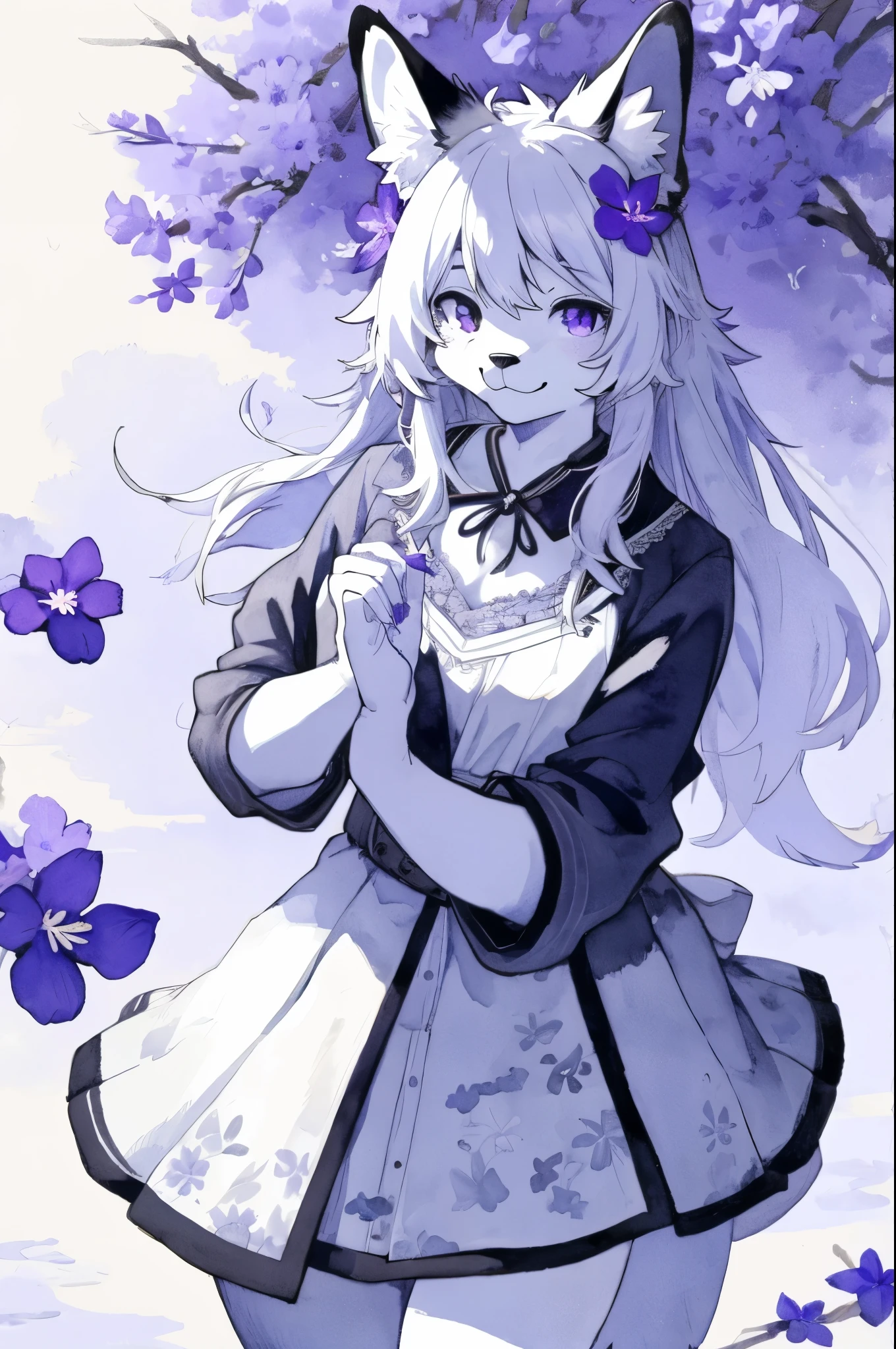 monochrome, watercolor, highres, top quality, best quality, paid reward available, High-quality illustrations, unparalleled masterpiece, perfect artwork, absurdres, 1girl, kemono, furry, detailed body fur, animal face, animal hand, Archaic Smile, holding a cluster of violet flower in both hands, which are positioned at chest level, She is wearing a simple ring on the ring finger of her left hand, unfocused spread of violet flower, fan-created work shared on platforms Pixiv or Twitter,