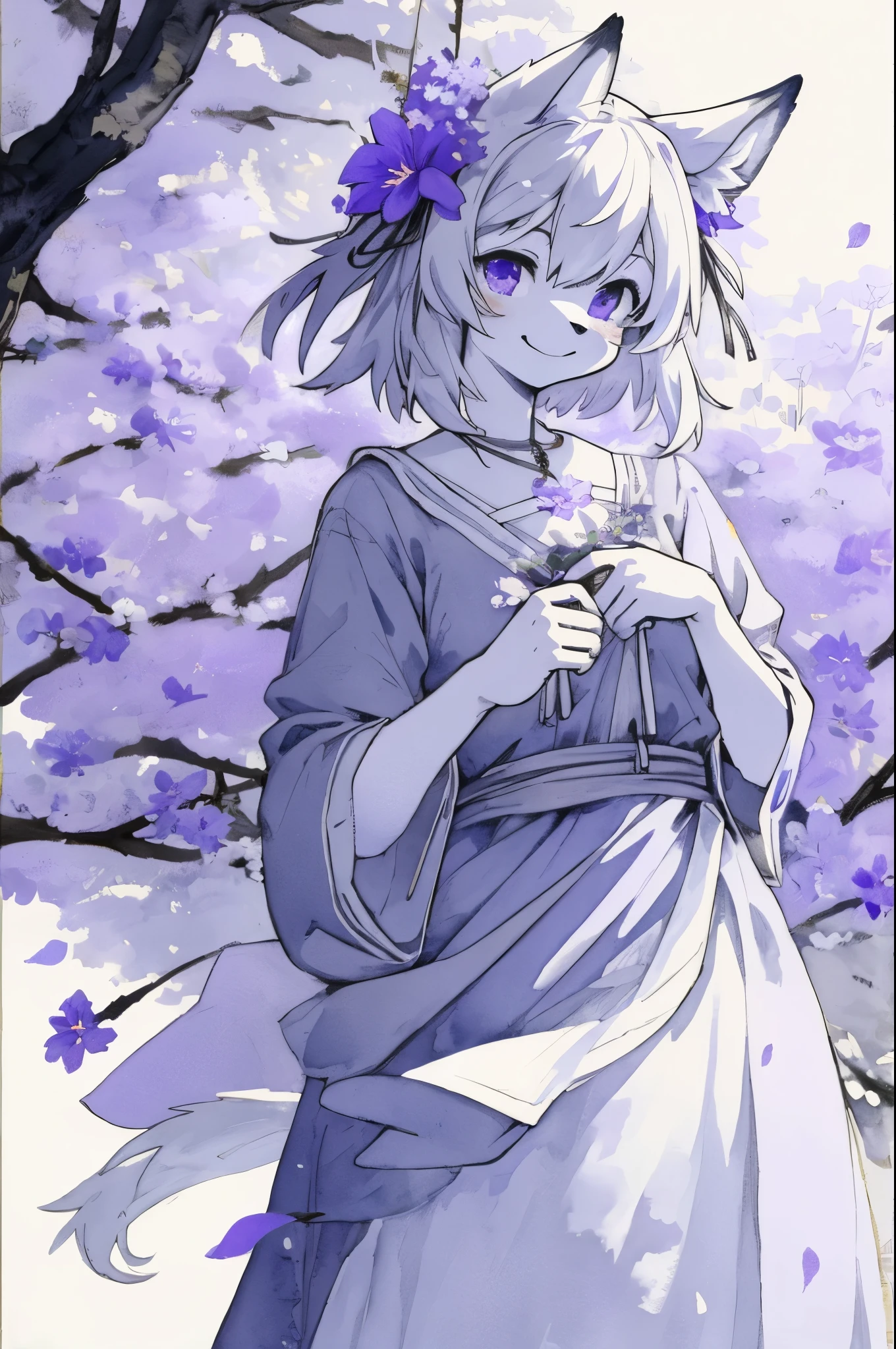 monochrome, watercolor, highres, top quality, best quality, paid reward available, High-quality illustrations, unparalleled masterpiece, perfect artwork, absurdres, 1girl, kemono, furry, detailed body fur, animal face, animal hand, Archaic Smile, holding a cluster of violet flower in both hands, which are positioned at chest level, She is wearing a simple ring on the ring finger of her left hand, unfocused spread of violet flower, fan-created work shared on platforms Pixiv or Twitter,