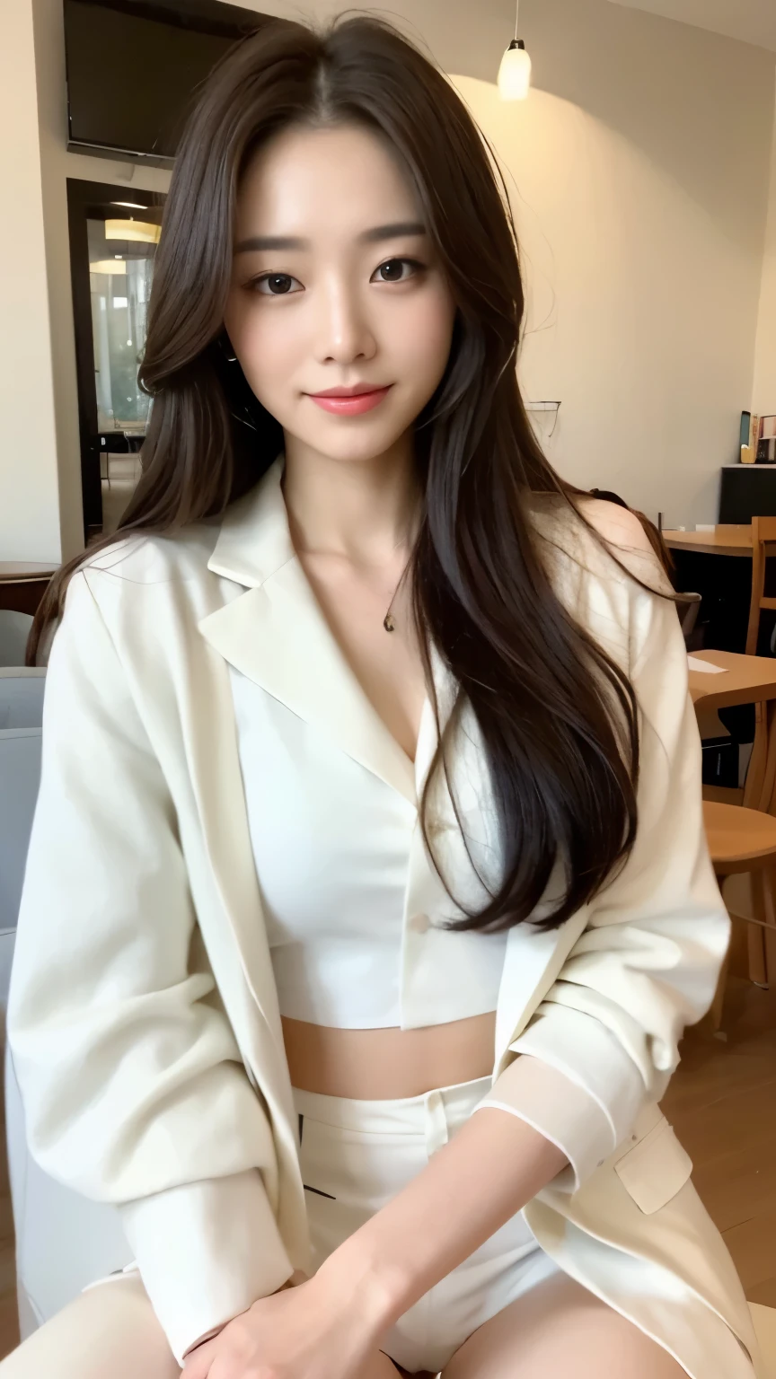 ((top-quality、8k、​masterpiece:1.3))、Beautiful woman with perfect body:1.4、slim abdomen:1.2、Longhair, normal breast, Highly detailed facial and skin texture, A detailed eye, delicate eyes, double eyelid, (smile), (full body shot), ((cafe 1.2)), (sitting on chair), ((wearing white uniform with white coat)), looking in front