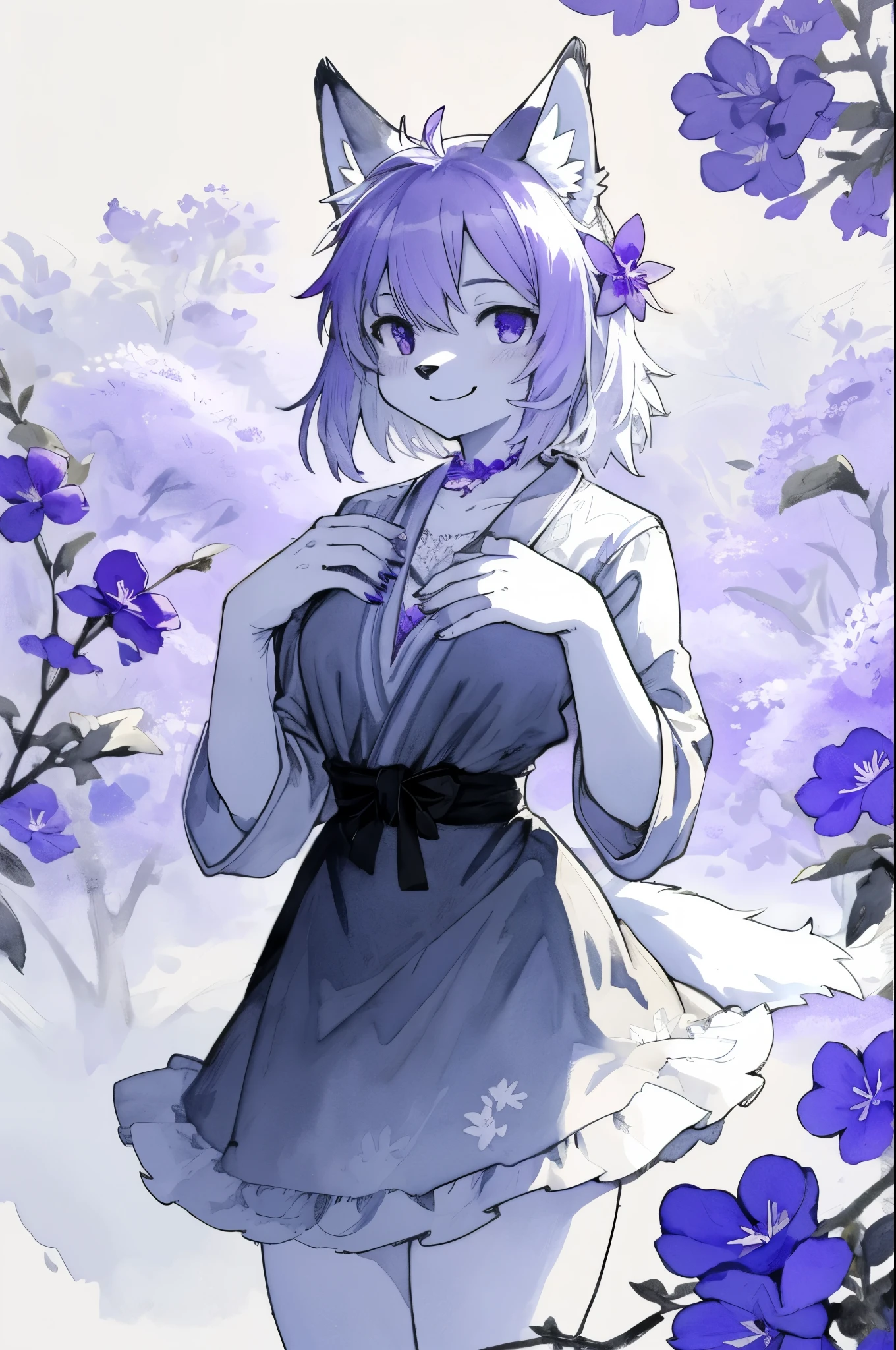 monochrome, watercolor, highres, top quality, best quality, paid reward available, High-quality illustrations, unparalleled masterpiece, perfect artwork, absurdres, 1girl, kemono, furry, detailed body fur, animal face, animal hand, Archaic Smile, holding a cluster of violet flower in both hands, which are positioned at chest level, She is wearing a simple ring on the ring finger of her left hand, unfocused spread of violet flower, fan-created work shared on platforms Pixiv or Twitter,