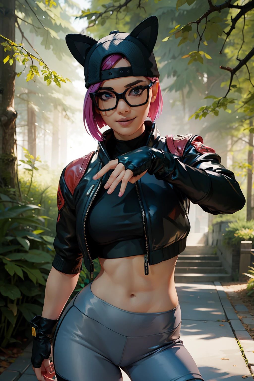 1 girl, (masterpiece), (best quality), standing, (solo), looking at viewer, high detailed,extremely detailed, fine eyes, smile,dynamic pose, short pink hair,cap,crop top, jacket,fingerless glove,curvy,forest,glasses,(gray leggings),(portrait:1.2),