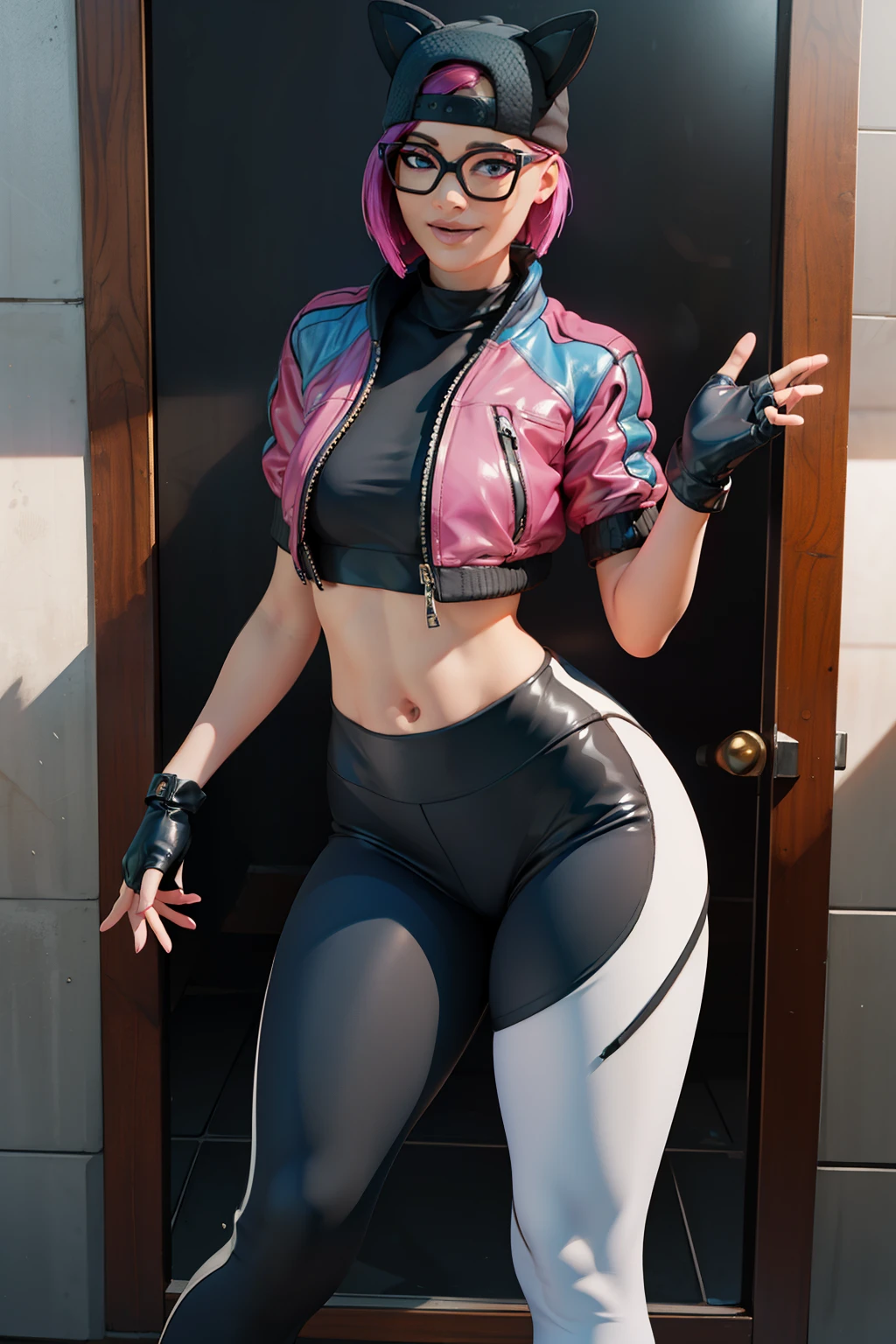 1 girl, (masterpiece), (best quality), standing, (solo), looking at viewer, high detailed,extremely detailed, fine eyes, smile,dynamic pose, short pink hair,cap,crop top, jacket,fingerless glove,curvy,forest,glasses,(gray leggings),(portrait:1.2),