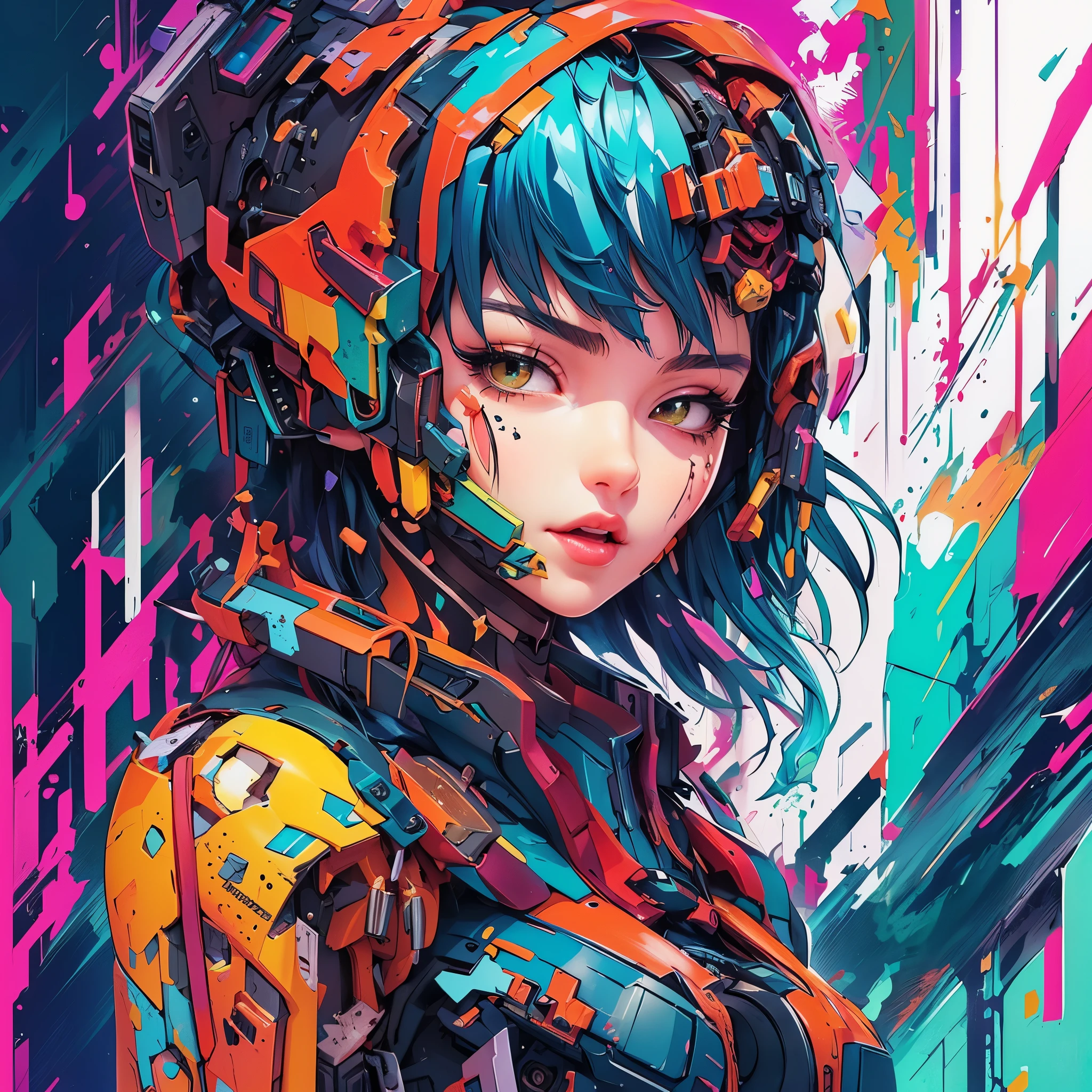 (((A beautiful girl with a cyborg face, Minimalism肖像, bright colors, and sharp details, In highly stylized and ultra-detailed animated illustrations. Illustrations in a modern style, with bright colors and ultra detailed details. The painting style is similar to using a spatula and brush strokes, Inspired by Solo Leveling style. Art is a low poly representation in an isometric environment, Featuring high-detail 3D art elements. Artistic inspiration can be found in platforms such as art station, pixiv fan box, Behance and ray tracing art concept. The light is ethereal, with soft, sharp focus)))" - Tipo de imagem: anime illustration - Subject Description: Illustration of a beautiful girl with a face, 以Minimalism和高度风格化的风格描绘, with bright colors and sharp details. Illustrations super detailed，Inspired by modern anime style. The use of spatulas and brush strokes creates unique textures in. Environments are represented in a low-poly style from an isometric perspective. The light is ethereal and the focus is smooth and sharp. - Art style: anime illustration, Minimalism, Acrylic Painting – Artistic Inspiration: Solo leveling style, modern illustration, 3D Art - Inspiration Platform: art station, pixiv fan box, Behance - Tips: Spatula Strokes and Brush-Lighting: Ethereal - Focus: Smooth and sharp
