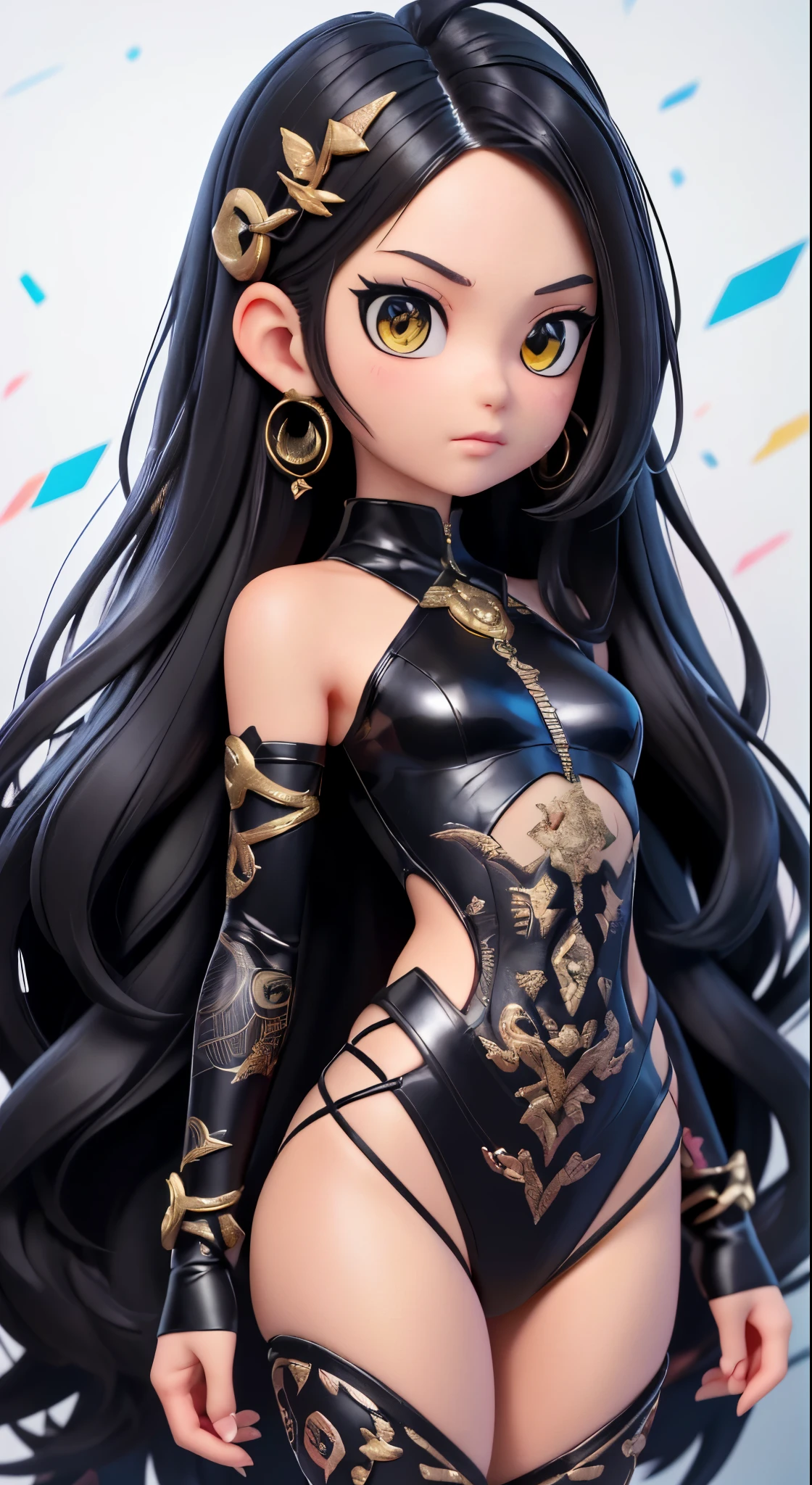 A close-up of a woman wearing black and gold clothing, with detailed black long hair, a realistic anime girl rendering, 8k high-quality detailed art, a 3D anime style, a render of a cute 3D anime girl, rich anime details, a 3D anime girl, 3D rendered character art in 8k, glossy skin like wlop, extremely detailed Artgerm. (best quality, 8k, highres, masterpiece:1.2), ultra-detailed, (realistic, photorealistic, photo-realistic:1.37), HDR, UHD, studio lighting, ultra-fine painting, sharp focus, physically-based rendering, extreme detail description, professional, vivid colors, bokeh, portraits, anime, photography.