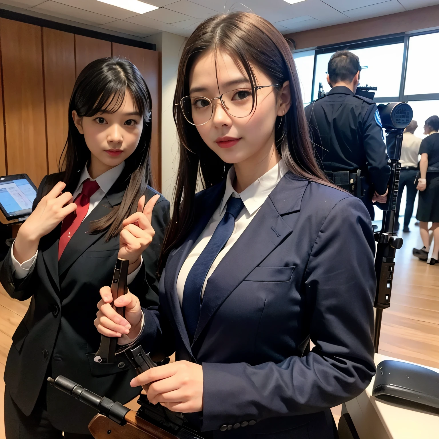 (RAW photo、highest quality)、(realistic、Photoreal:1.3)、highest quality、masterpiece、very delicate and beautiful、A hvery detailed、nffsw、sense of oneness、2k wallpaper、growing up、Beautiful in every detail、masterpiece、light smile、highest quality、Hvery detailed ticker Unity 8K wallpapers、huge file size、Super detailed、High resolution、very detailed、(precise fingers:1.5)、bow、Full body Esbian、(unparalleled beauty)、(criminal課)、(Investigation Division 1)、(criminal)、(criminal課長)、(実直なcriminalと破天荒なcriminal)、(Police Department)、(gray suit or black suit:1.35)、(shirt and tie)、(teardrop type sunglasses)、(Presentation of police record)、(allowed to own a rifle)、(Aim and hold the assault rifle SIG SG550:1.8)、(red wine in a wine glass)、(ride a helicopter)、Investigation begins。Western Police、shine、intricate details、Shitsumeka、two women are in front of the camera、cowboy shot