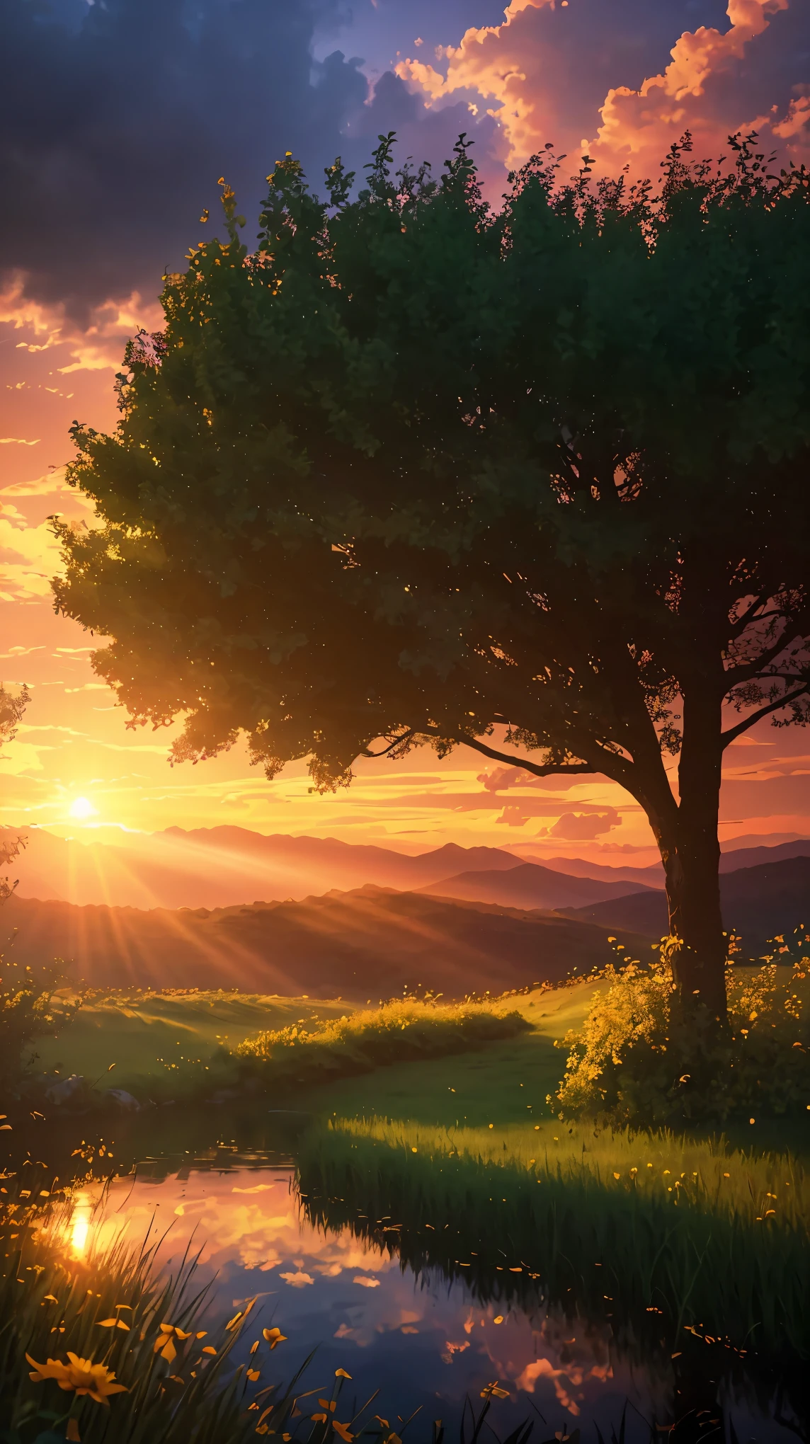 A surreal natural scene with the ethereal beauty of the sun setting, gentle breeze, rolling clouds, and golden rays of light cascading down. The peaceful and dreamlike ambiance is captured in warm hues, creating a mysterious and serene atmosphere. (best quality,4k,8k,highres,masterpiece:1.2),ultra-detailed,(realistic,photorealistic,photo-realistic:1.37),HDR,UHD,stunning landscape,soft lighting,vivid colors