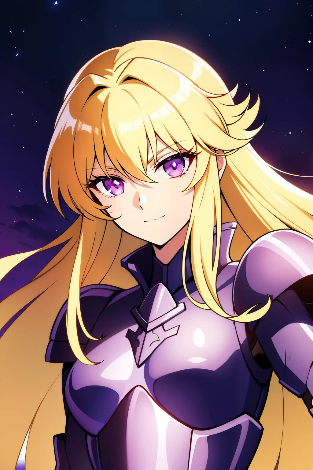 (high-quality, breathtaking),(expressive eyes, perfect face), 1girl, female, solo, half body, armor, dark onyx purple armor, saint seiya armor, spectre armor, fantasy armor, blonde hair, medium length hair, pink eyes, ( watercolor \(medium\), night sky background, ice, small smile, zoom out
