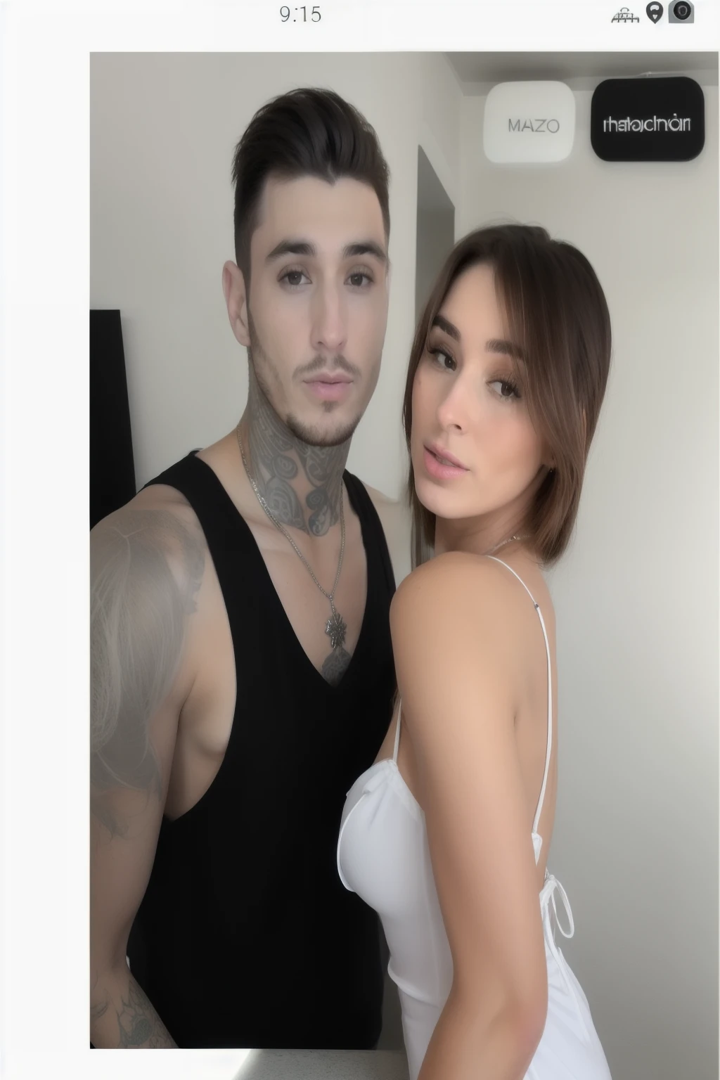 Imagen arafed de una mujer con un vestido blanco y un hombre con tatuajes., inspired by Gloria Muñoz, Perfil de Tinder, estan cerca el uno del otro, suave en _ el fondo, 1614572159, charli bowater y artgeem, cabello con flequillo blanco, sidney lugo, mirando su hombro
