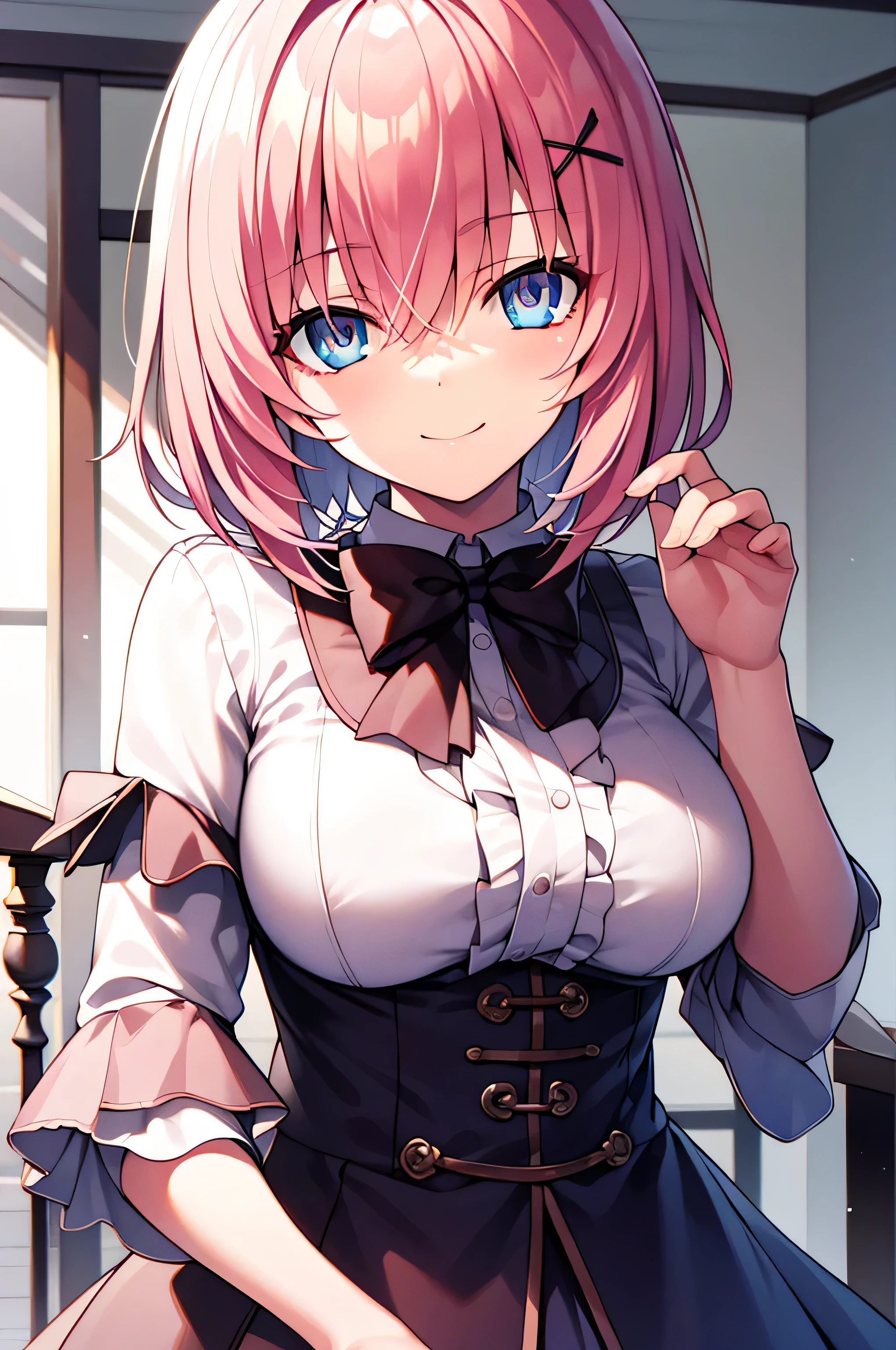 detectivelunch break, Smile, short hair, Bangs, blue eyes, shirt, hair accessories, long sleeves, skirt, bow, white hair, hairpin, blunt Bangs, bowtie, red bow, x hair accessories, red bowtie, lunch break, (Medium chest:1.2), rest looking at viewer, rest outside, rest (masterpiece:1.2), best quality, high resolution, unified 8k wallpaper, (illustration:0.8), (Beautiful and delicate eyes:1.6), extremely detailed face, perfect lighting, Extremely detailed CG, (perfect hands, perfect anatomy),
