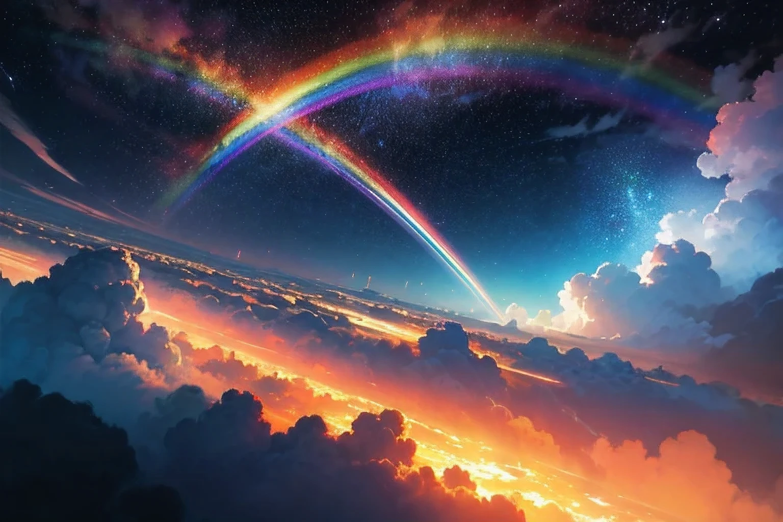 rainbow view, colored sky with clouds and rainbow, Rays from the sky, Bright sky of interstellar storm, Tyndall effect ray, Intense divine rays in the sky, Rays from above, Beautiful rays, Cosmic clouds, divine rays passing through the clouds, rainbow clouds, sunny rainbow、Milky Way、stormy sea, dusty rays, shaft of light divine ray