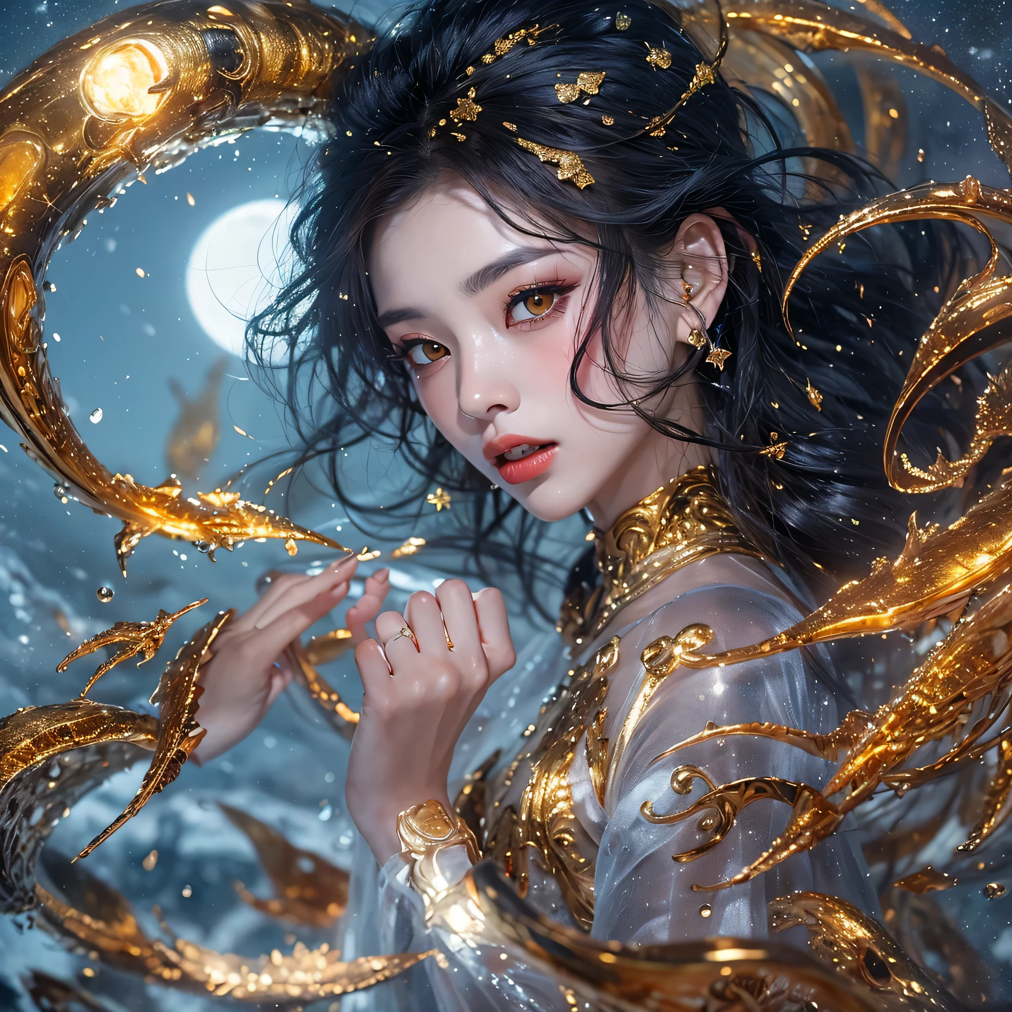 Antlers Flying Nine Tails Light Blue Heavenly Master Flame Hair Star，Moon Night black, gold and orange snake print silk trousers，Rouge Diamond Tulle Sheer Lizard Print，Girl flying in space in the snow 1:900 miniatures，Front view，pure transparency，put on boxing gloves，Wear gold-framed Reverse Light sunglasses，Panoramic super wide angle，very happy，Authentic and delicate texture，Strong visual impact，super detailed，dream girl，delicate face型，beautiful eyes，Hair floating in the air， cherry style，Zhou Xiaotong，crystal clear，Good sense of perspective，Light shadow effect，16KLight slip，surface reflected Light，flowing black hair，Water Goddess 32K，complicated，grace，Very detailed，Gorgeous，digital photography，Autumn Cowboy Shooting，Surrealism，broken ruby，defeat magic，Water magic entanglement，（masterpiece，Light，beautiful eyes：1.2），high dynamic range，void 5 energy storm，(china 1 girl，black eyes:1.5），rouge skin，Light skin，(sit on stone：1.5），delicate face，black hair，Put on Gorgeous golden armor，starry sky background，beautiful golden armor，it&#39;it&#39;it&#39;It&#39;s raining，beautiful，University Teachers&#39;Don&#39;t look at the audience，focus shift，masterpiece