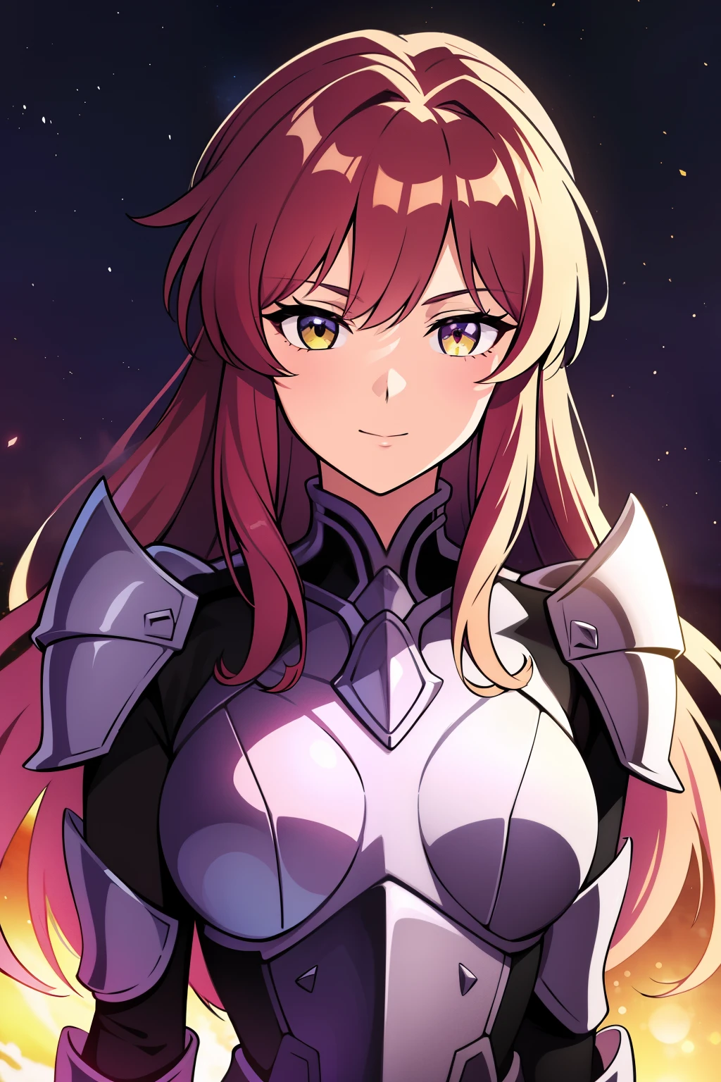 (high-quality, breathtaking),(expressive eyes, perfect face), 1girl, female, solo, half body, armor, dark onyx purple armor, saint seiya armor, spectre armor, fantasy armor, red hair, short length hair, yellow eyes, ( watercolor \(medium\), night sky background, ice, small smile, zoom out
