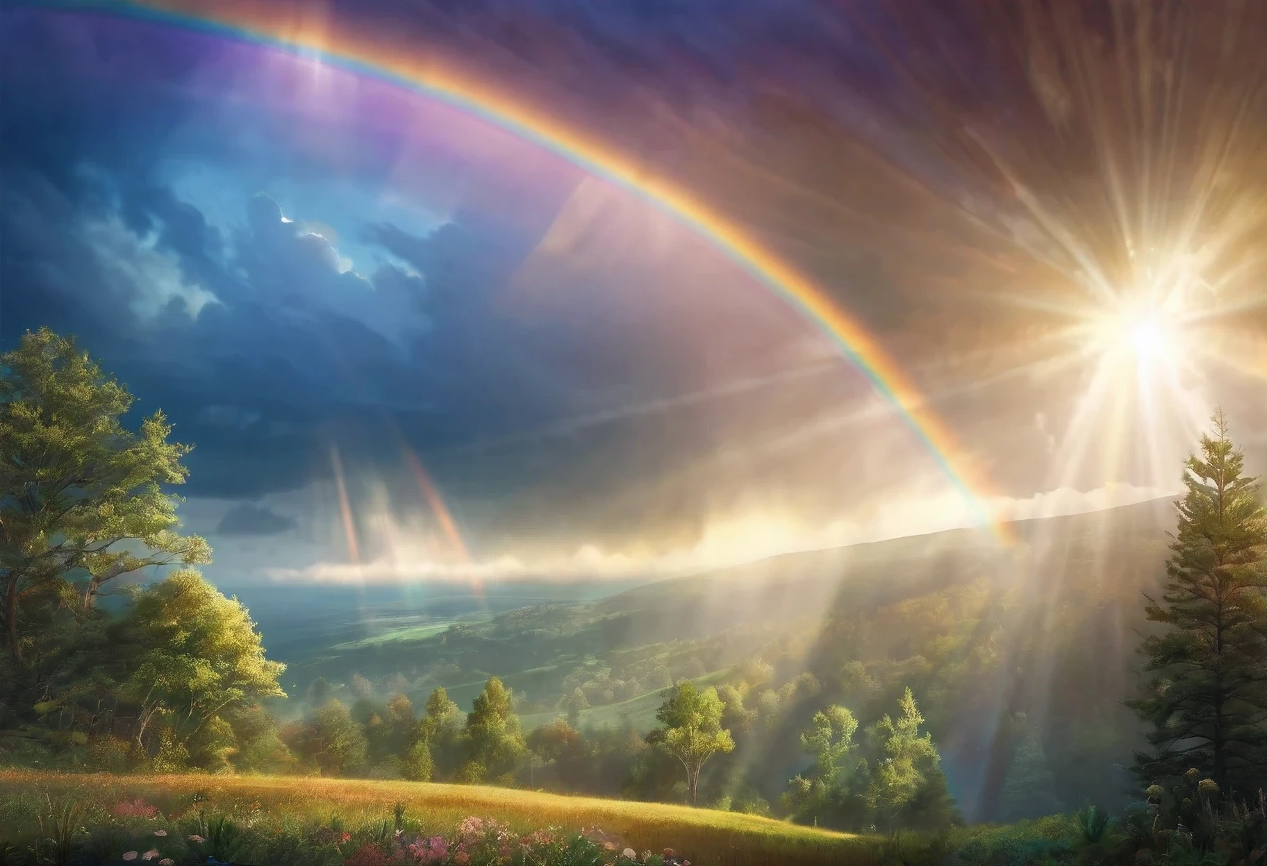 rainbow view, colored sky with clouds and rainbow, Rays from the sky, Bright sky of interstellar storm, Tyndall effect ray, Intense divine rays in the sky, Rays from above, Beautiful rays, Cosmic clouds, divine rays passing through the clouds, rainbow clouds, sunny rainbow、Milky Way、stormy sea, dusty rays, shaft of light divine ray