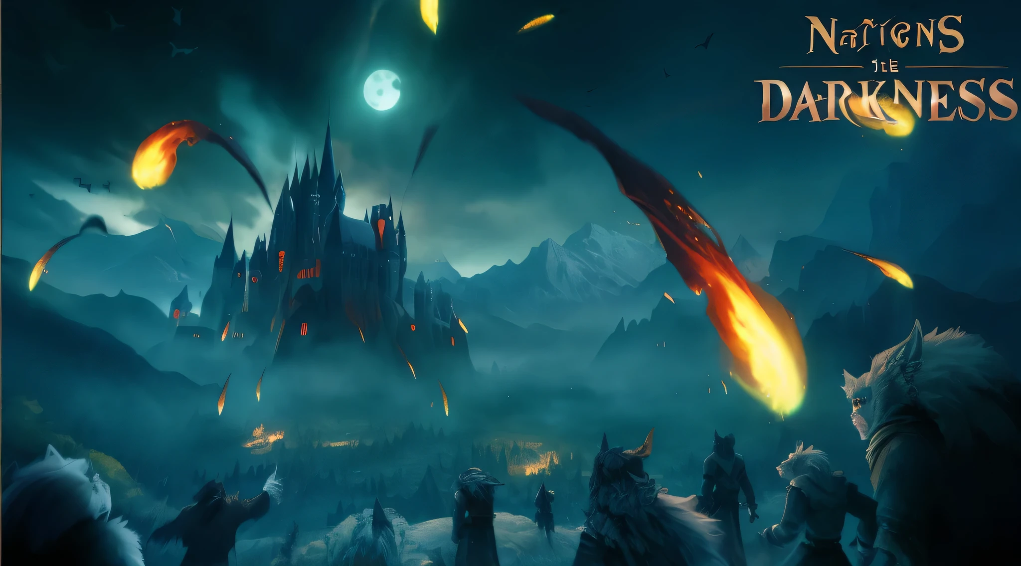 ultra high definition,Multiple viewing 4k(werewolf、vampire tribe、mage、hunter),back to face(Stay away from the crowds,Across war-torn plains(on the plains,The army is rushing towards the castle))a castle(dark、windows flashing red)project ammunition outward,surrounded by mountains,The moon is dark and the wind is high,Moderately saturated shot of bats flying in the dark sky,Poster magic battlefield background, Fantasy style matte painting, Game Art Matte Painting, 3D rendering and matte painting, Dota matte concept art, Hogwarts 2 0 7 7, High fantasy matte painting, Fantasy Epic Digital Art, Epic fantasy digital art style,dark night war game