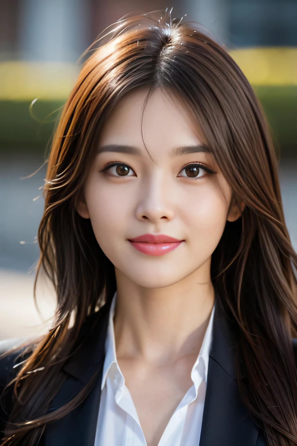 table top, highest quality, realistic, Super detailed, finely, High resolution, 8k wallpaper, 1 beautiful woman,, light brown messy hair, wearing a business suit, sharp focus, perfect dynamic composition, beautiful and detailed eyes, thin hair, Detailed realistic skin texture, smile, close-up portrait, model body shape