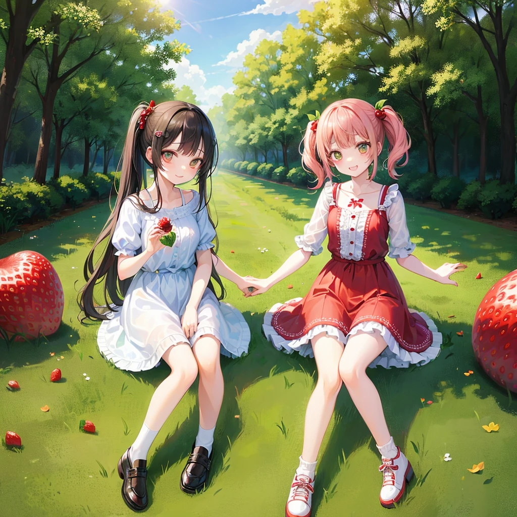 (photorealistic:1.37)、octane rendering、Morning park、Strawberry dress、Girl has twin tail hairstyle and smiles、strawberries fall from the sky、Bright colors、soft sunlight、beautiful flower、green grass、playful atmosphere、peaceful environment、detailed texture、Bright colors、cute shoes with accessories、He looks happy