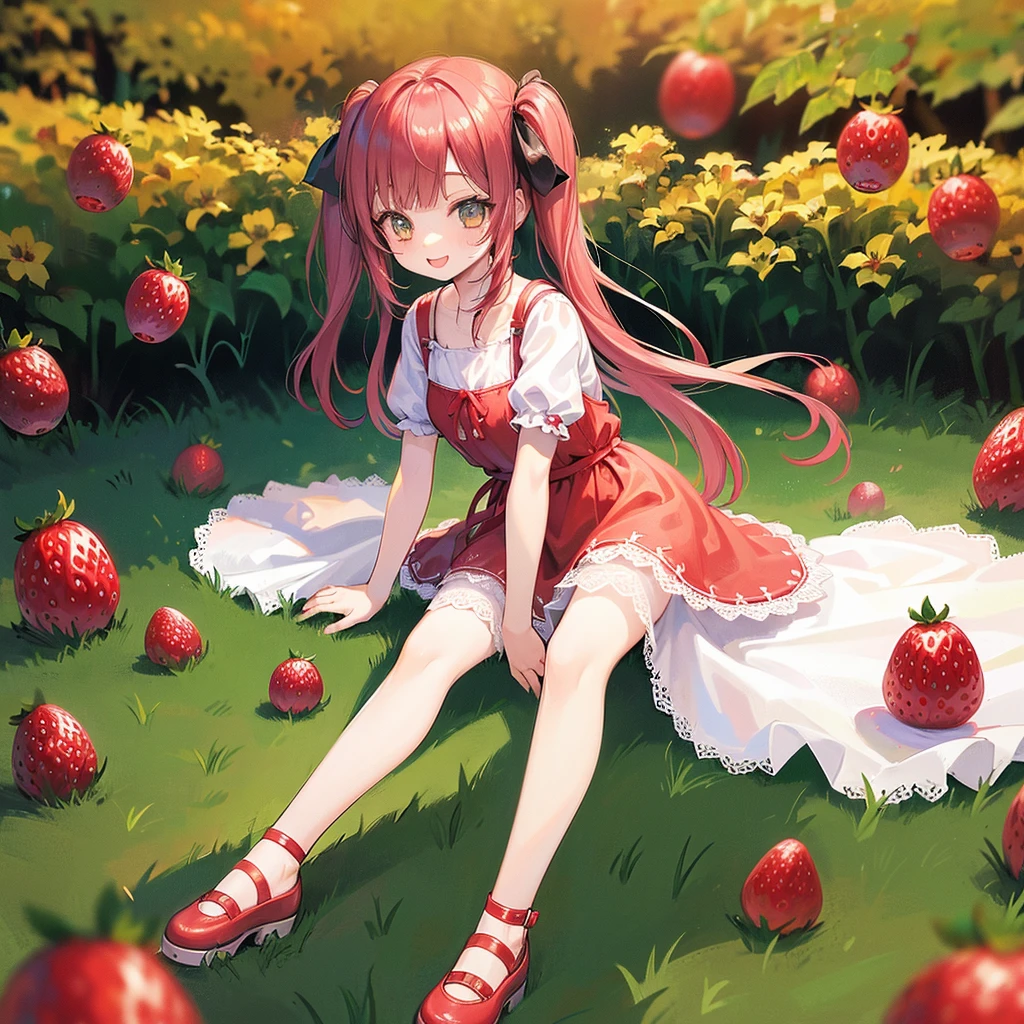 (photorealistic:1.37)、octane rendering、Morning park、Strawberry dress、Girl has twin tail hairstyle and smiles、strawberries fall from the sky、Bright colors、soft sunlight、beautiful flower、green grass、playful atmosphere、peaceful environment、detailed texture、Bright colors、cute shoes with accessories、He looks happy