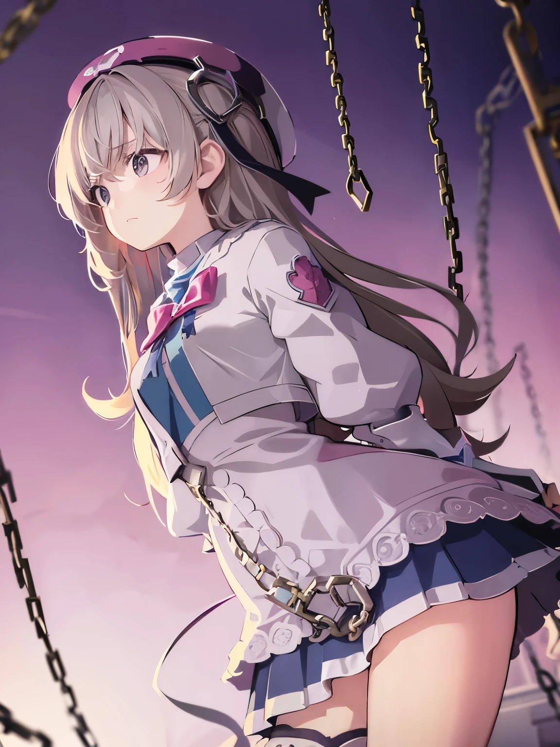 Cute anime girl, basement, standing, tied up, chains, worried, POV