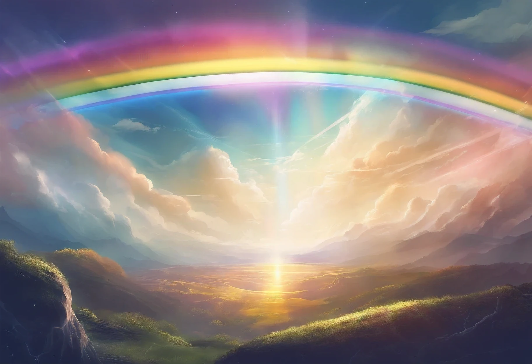 rainbow view, colored sky with clouds and rainbow, Rays from the sky, Bright sky of interstellar storm, Tyndall effect ray, Intense divine rays in the sky, Rays from above, Beautiful rays, Cosmic clouds, divine rays passing through the clouds, rainbow clouds, sunny rainbow、Milky Way、stormy sea, dusty rays, shaft of light divine ray
