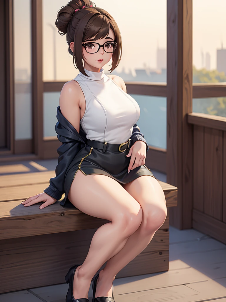 best quality,masterpiece,detailed,16k,8k,(fullbody shot), realistic hands, MeiOver, 1girl, black-framed eyewear, brown hair, glasses, solo, brown eyes, hair ornament, hair bun, short hair, single hair bun, hair stick, full body, lips, bangs, black turtle neck dress, sleeveless, bare shoulders, pink mini skirt, nose, closed mouth, swept bangs, realistic, 22_years_old, sexual_expression)), ((masterpiece, photorealistic, best quality, perfect face, perfect hands, perfect mouth, perfect eyes, perfect body)),